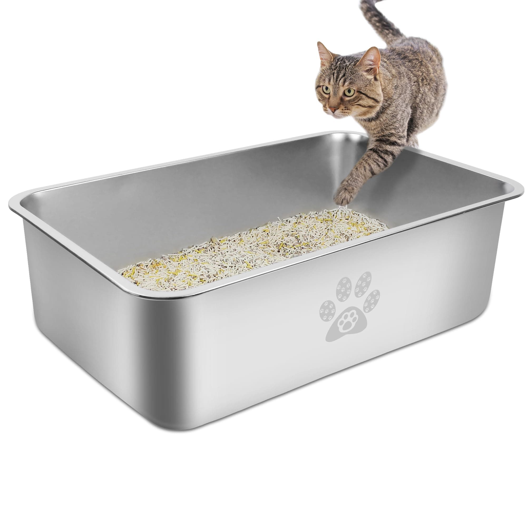 Stainless Steel Cat Litter Box High Side Cats Toilet Metal Kitten Litter Pan, Pet Cleaning Tool for Big and Small Cats, Rabbits, Splash-Proof and Non-Stick Cat Poop Box odorless 23.6"x15.7"x5.9"