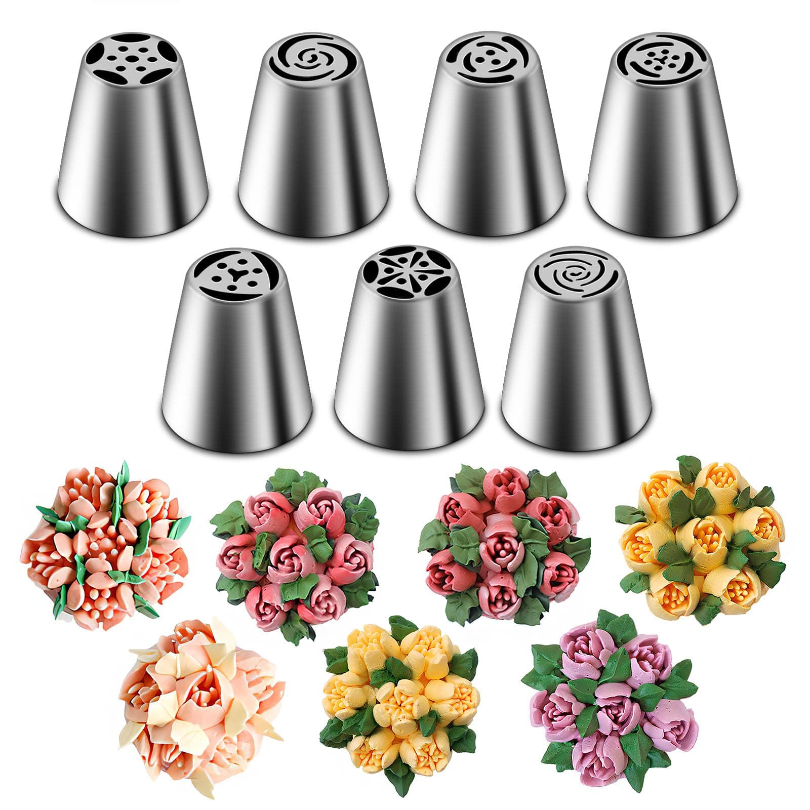 Suuker Russian Piping Tips Set, Stainless Steel Cupcake Flower Shaped Frosting Nozzle Kit, Kitchen Gadgets For Pastry Cupcakes Cakes Cookies Decorating (7 Pieces)