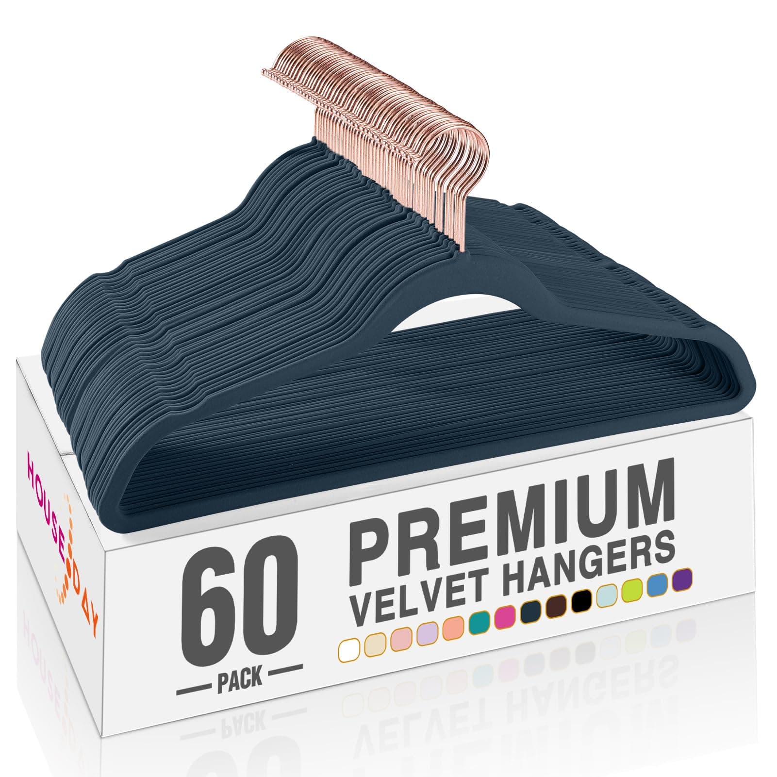 HOUSE DAY Navy Velvet Hangers 60 Pack, Premium Clothes Hangers Non-Slip Felt Hangers, Sturdy Men Hangers Heavy Duty Coat Hangers, Durable Suit Hangers for Space Saving, No Hanger Marks, Rose Gold Hook