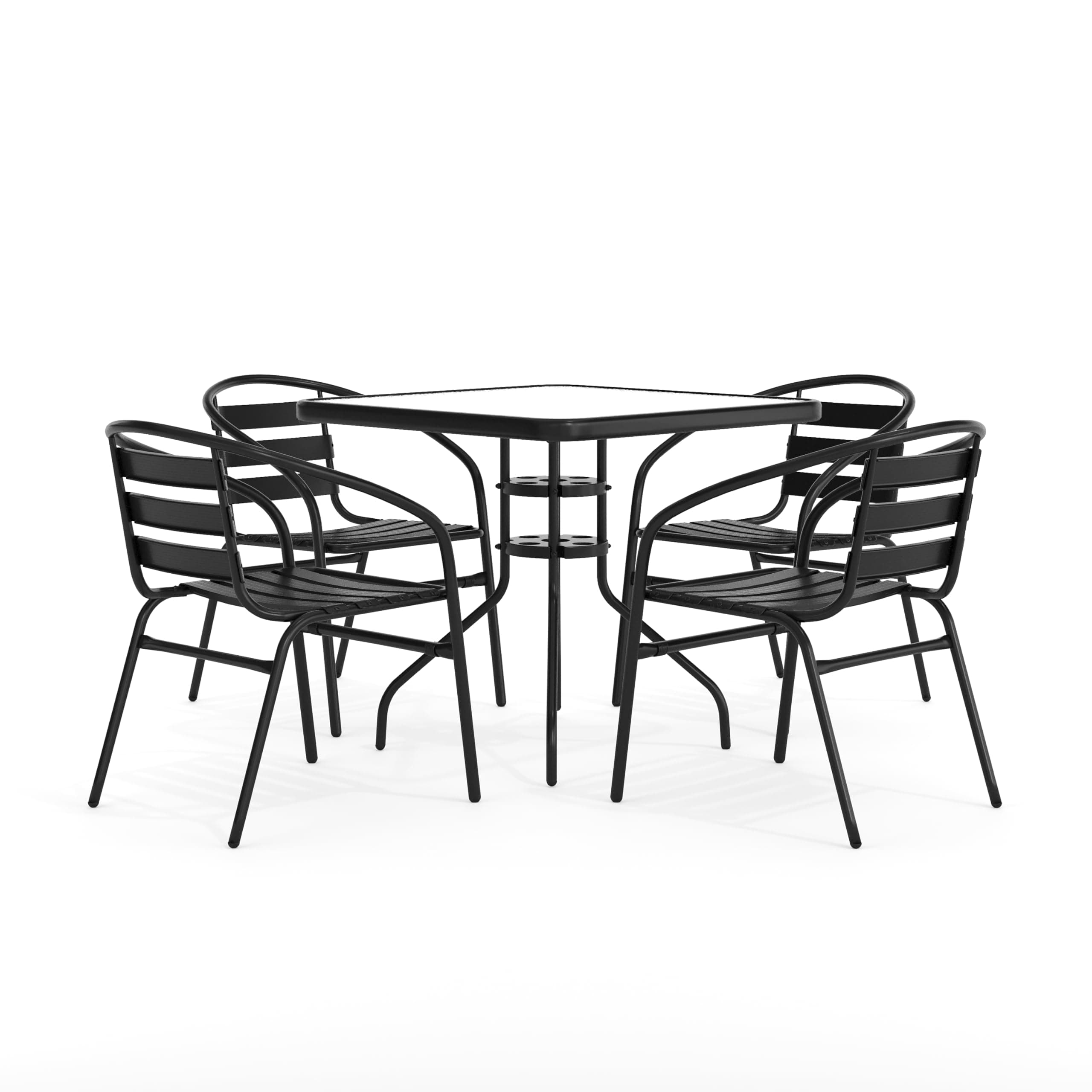 Flash Furniture 5-Piece Patio Dining Set with 31.5" Square Glass Metal Table and 4 Stackable Slat Back Chairs, Indoor/Outdoor Bistro Set, Black