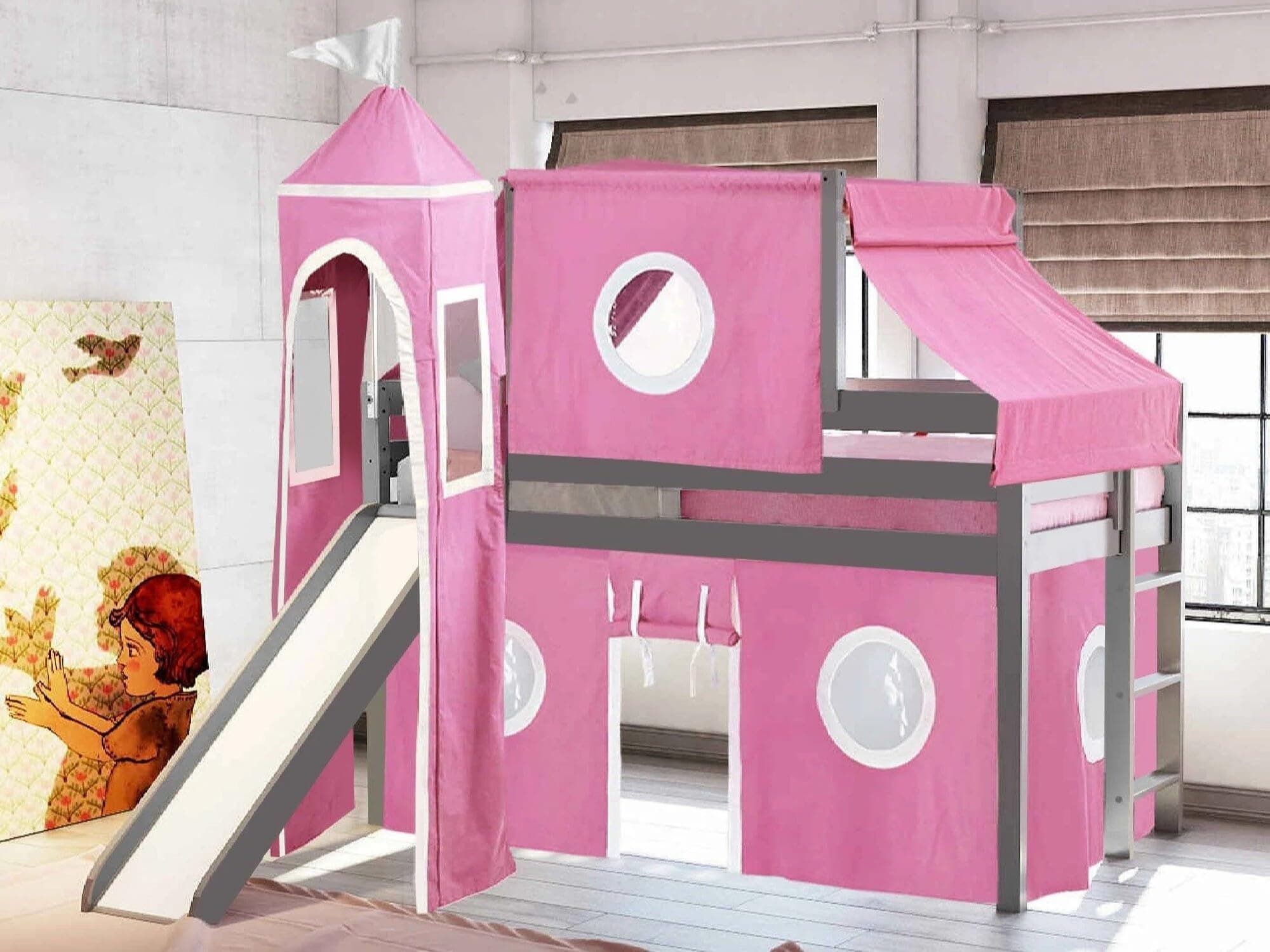 JACKPOT! Castle Low Loft Stairway Bed with Slide Pink & White Tent and Tower, Loft Bed, Twin, Gray