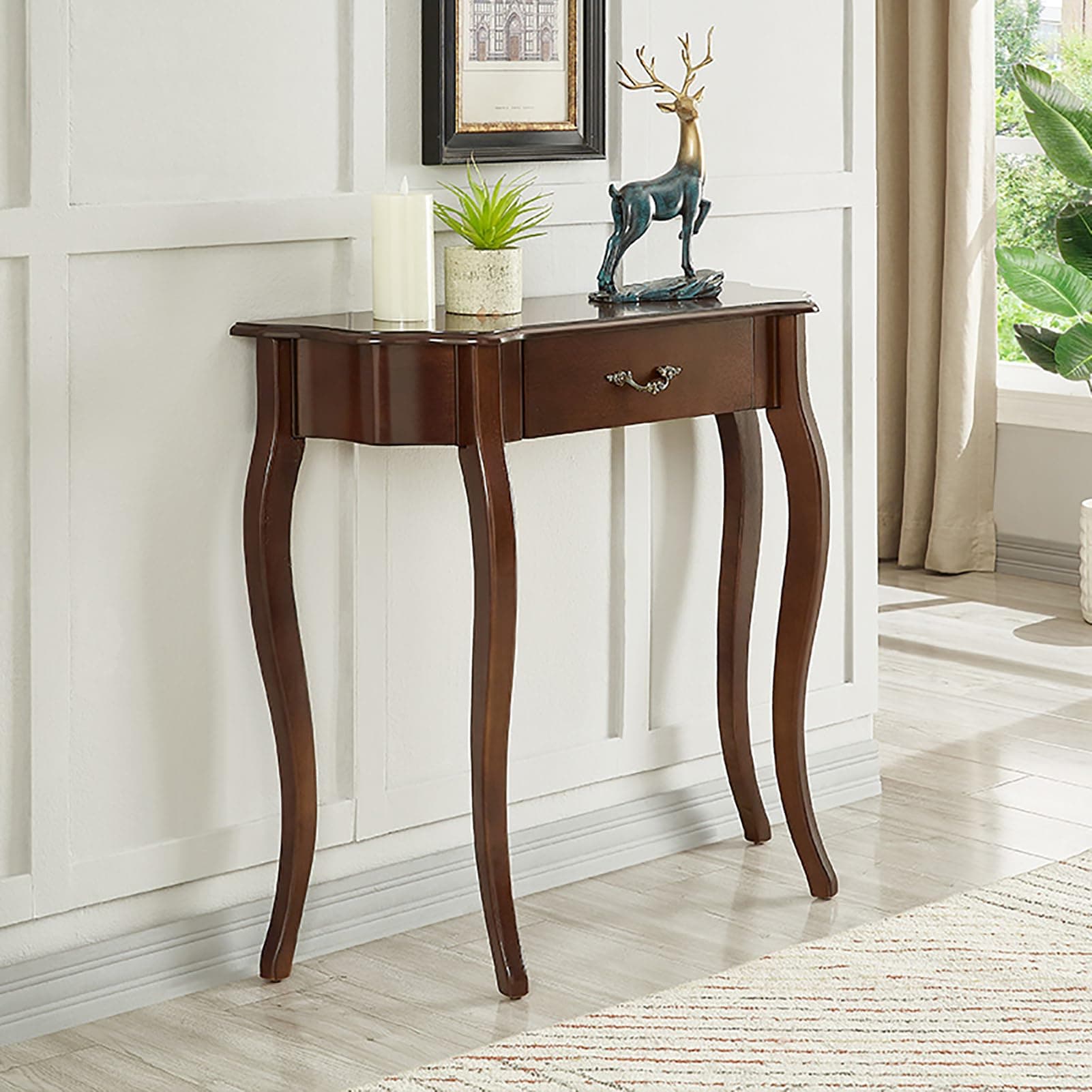 Solid Wood Console Table with Drawer, Semi-circle Entryway Table Half-moon Elegant Display Furniture with Cabriole Legs for Living Room, Hallway, Foyer, Corridor, Sofa