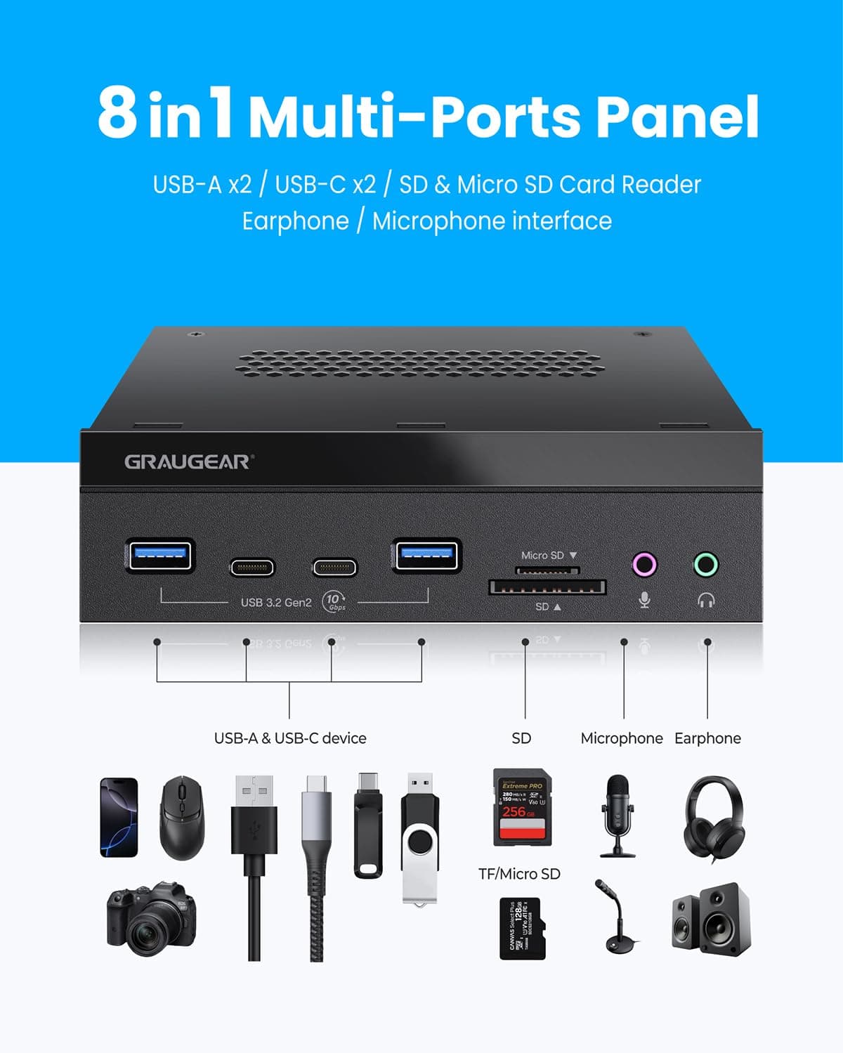 GRAUGEAR 5.25 Inch USB 3.2 PC Front Panel Card Reader, SD/microSD Internal Card Reader, 10Gbps USB 3.2 Gen 2, USB3.2 Type-E Key-A 20-Pin Header & USB3.0 Header & 15-Pin SATA Power Connector Required