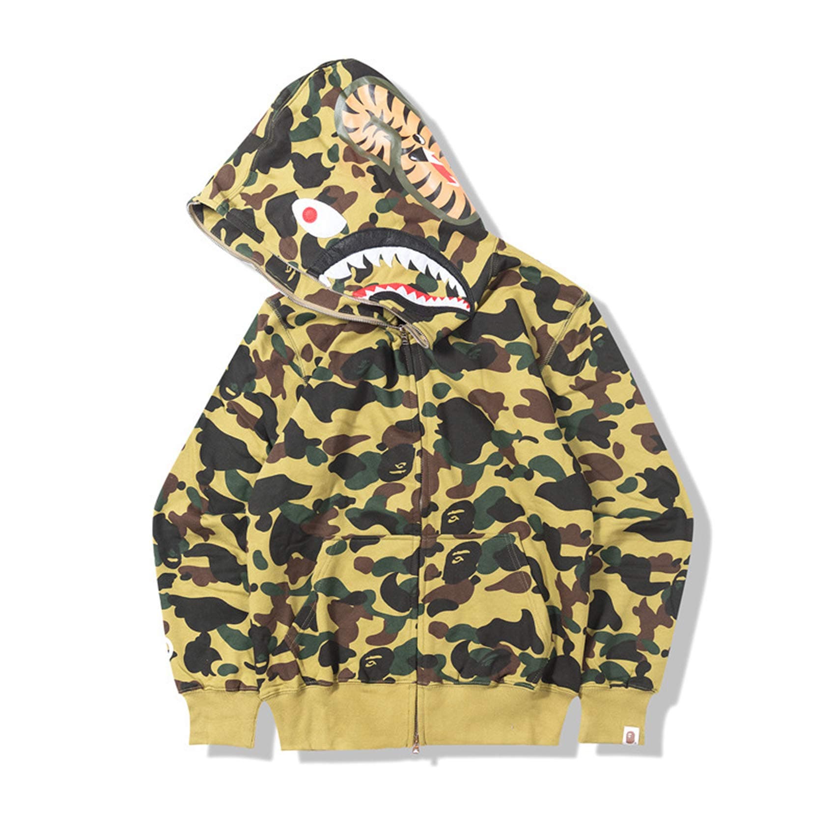 New Bathing Ape Bape Shark Jaw Camo Full Zipper Hoodie Men's Sweats Coat Jacket (Green 1, L)