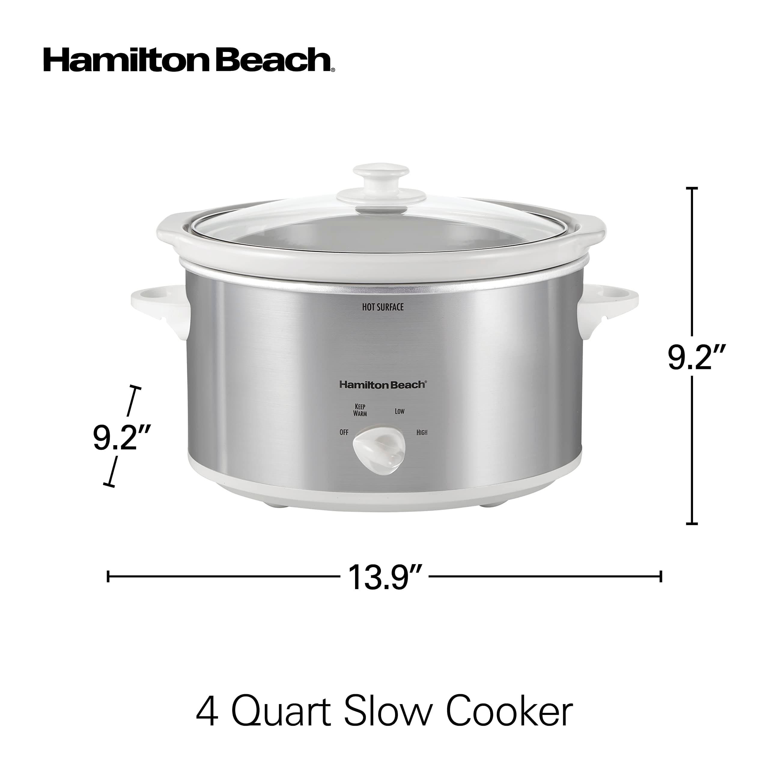 Hamilton Beach 4-Quart Slow Cooker with 3 Cooking Settings, Dishwasher-Safe Stoneware Crock & Glass Lid, Stainless Steel (33140V)