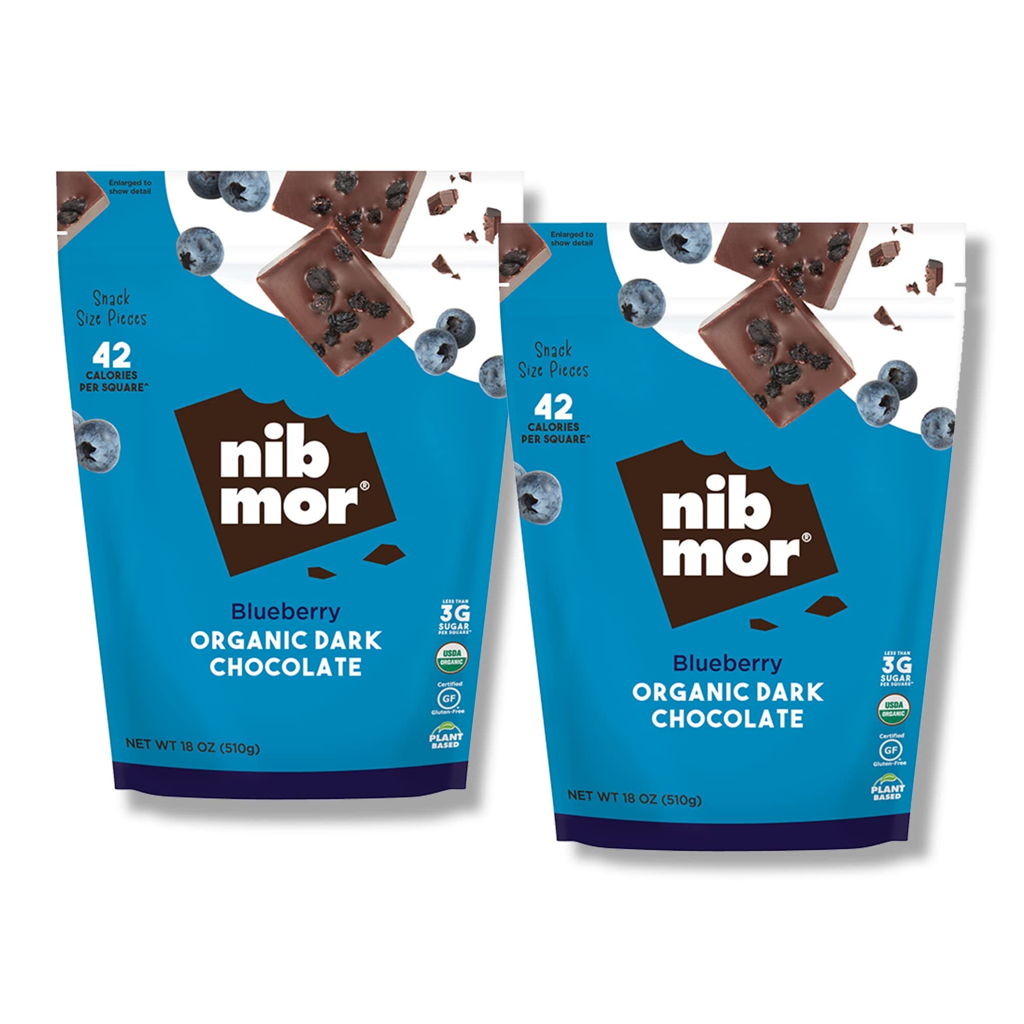 Nib Mor Vegan Dark Chocolate | Blueberry Pieces | Pack of 2-18 Oz Bag | Gluten Free, Organic, Plant Based, Dark Chocolate Snack Squares | 72% Cacao