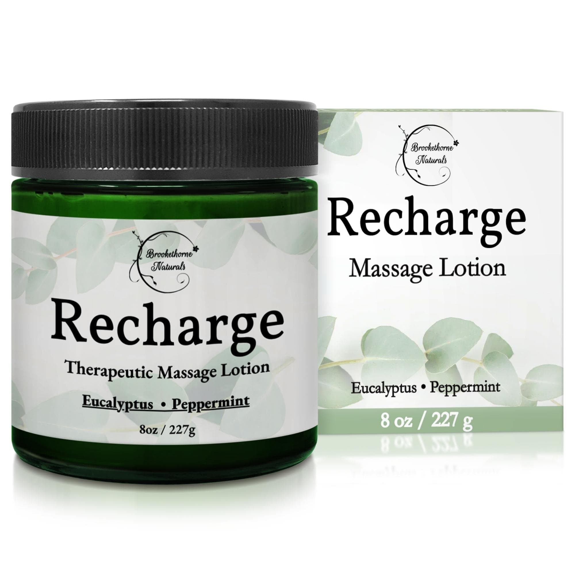 Brookethorne Naturals Recharge Massage Lotion for Massage Therapy & Home Use Massage Cream for Effortless Glide Massaging Body Lotion - Shea Butter, Coconut Oil, Eucalyptus, Peppermint Essential Oil -