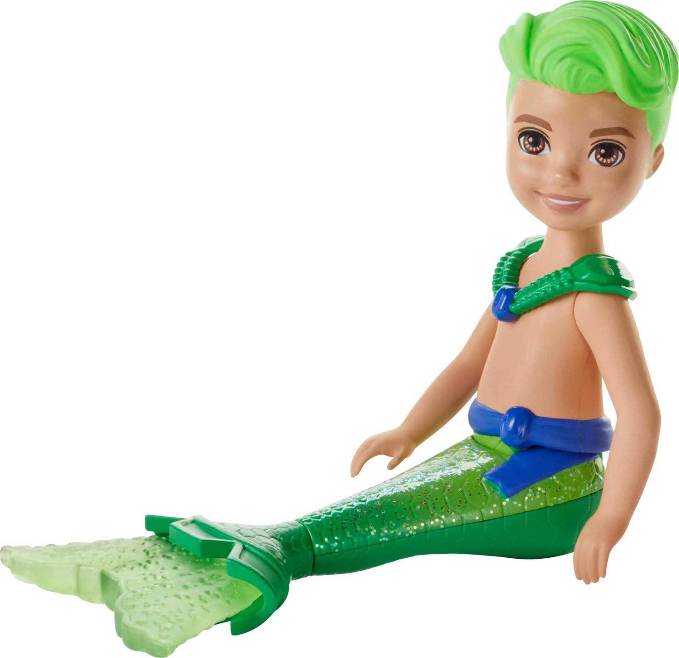 Dreamtopia Chelsea Merboy Doll with Green Hair & Tail, Accessory, Small Doll Bends at Waist
