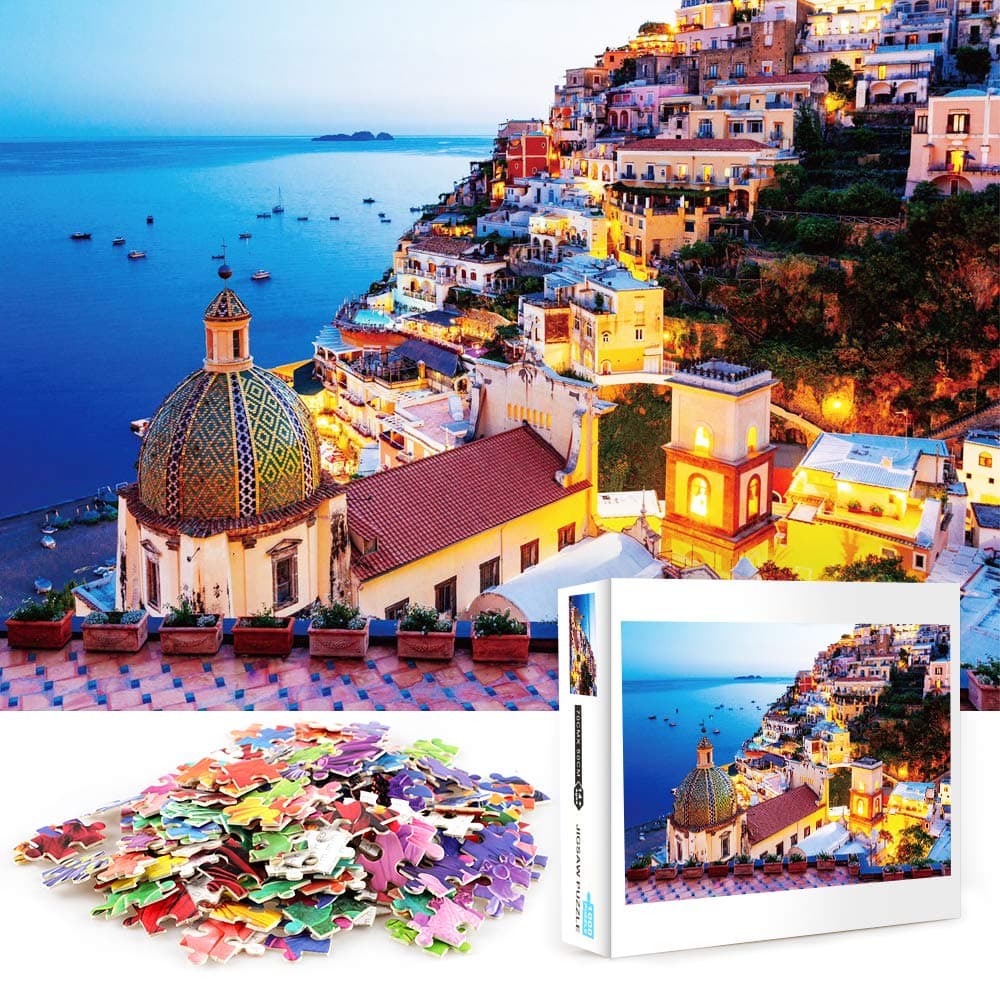 Supzone Jigsaw Puzzles 1000 Piece Puzzles for Adults Kids Teens Dreamy Positano Jigsaw Puzzle Signature Collection Twilight Sea Sight Puzzle Large Artwork Puzzles Gift Game Toys
