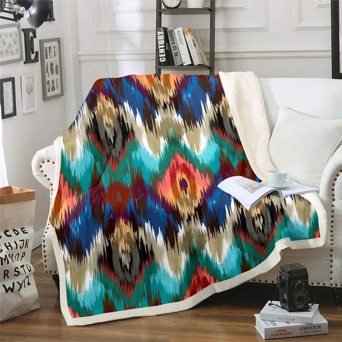 Boho Tie Dye Plush Blanket Bohemian Gypsy Fleece Sherpa Blanket Indian Wave Geometry Throw Blanket for Chair Sofa Couch Women Bedroom Decor Multicolor Ikat Stripes Single 50"x60"