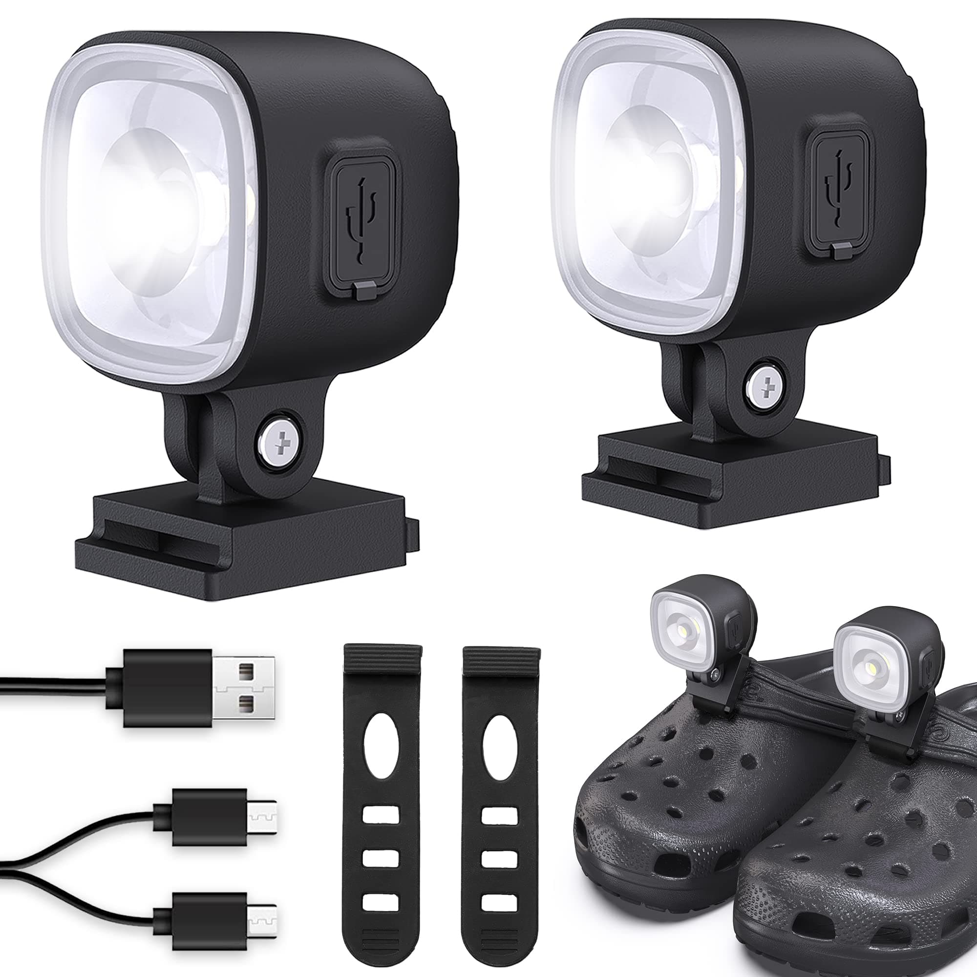 Rechargeable Croc Lights 2 Pcs, Crocs Headlights Flashlight Attachment, Light Up Charm Accessories for Adults Kids Boys Men Shoes, Clip on Clog Headlight Fashlight Light for Crock Shoe