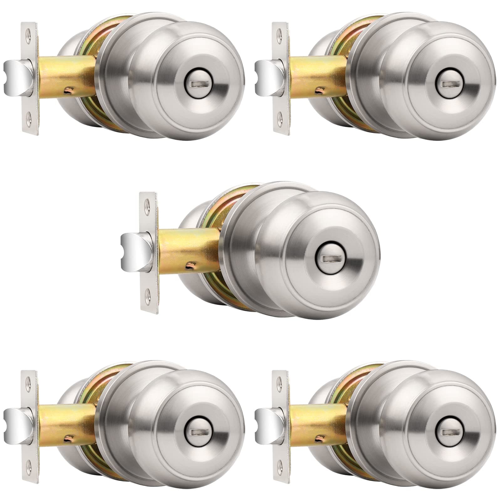 Brushed Nickel Bed/Bath Knobs Keyless Privacy Interior Doors Locksets, 5 Pack