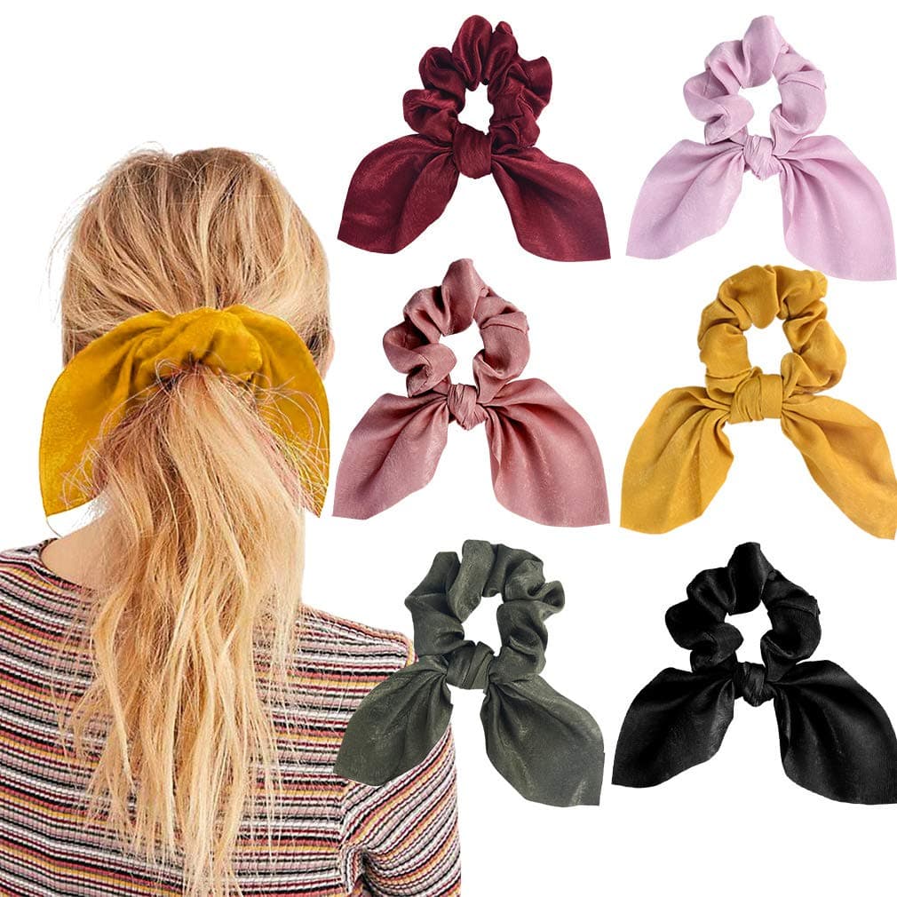 Aileam (01 Classic color) - 6PCS Hair Scrunchies Satin Slik Rabbit Bunny Ear Bow Bowknot Scrunchie Bobbles Elastic Hair Ties Bands Ponytail Holder for Women Accessories