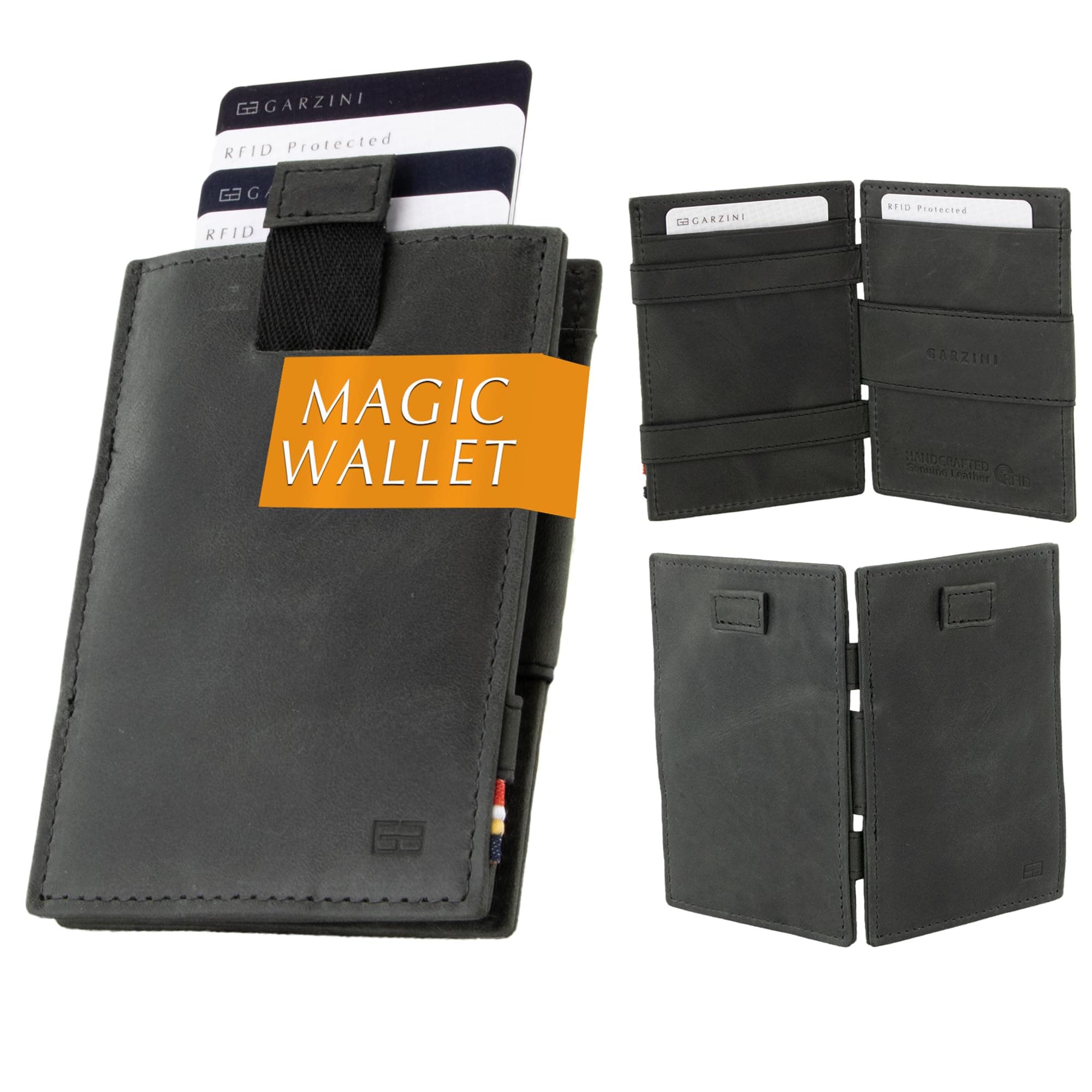 Magic Wallet with Pull-Tab, Minimalist Wallet with RFID card holder, Leather Wallet for 12 cards, Brushed Black