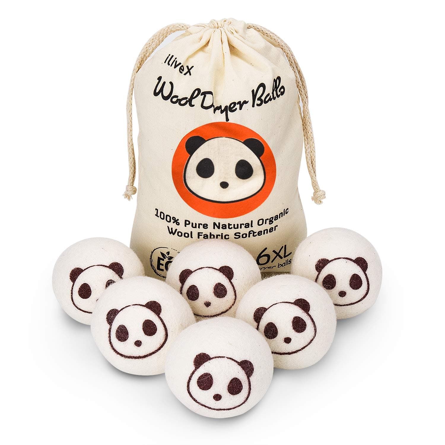 Wool Dryer Balls - Cute Panda - Reusable Premium Quality Organic Eco Pure Natural Fabric Softener by iLiveX - Better Alternative to Dryer Sheets & Plastic Laundry Balls & Liquid Softener (6 Pack)