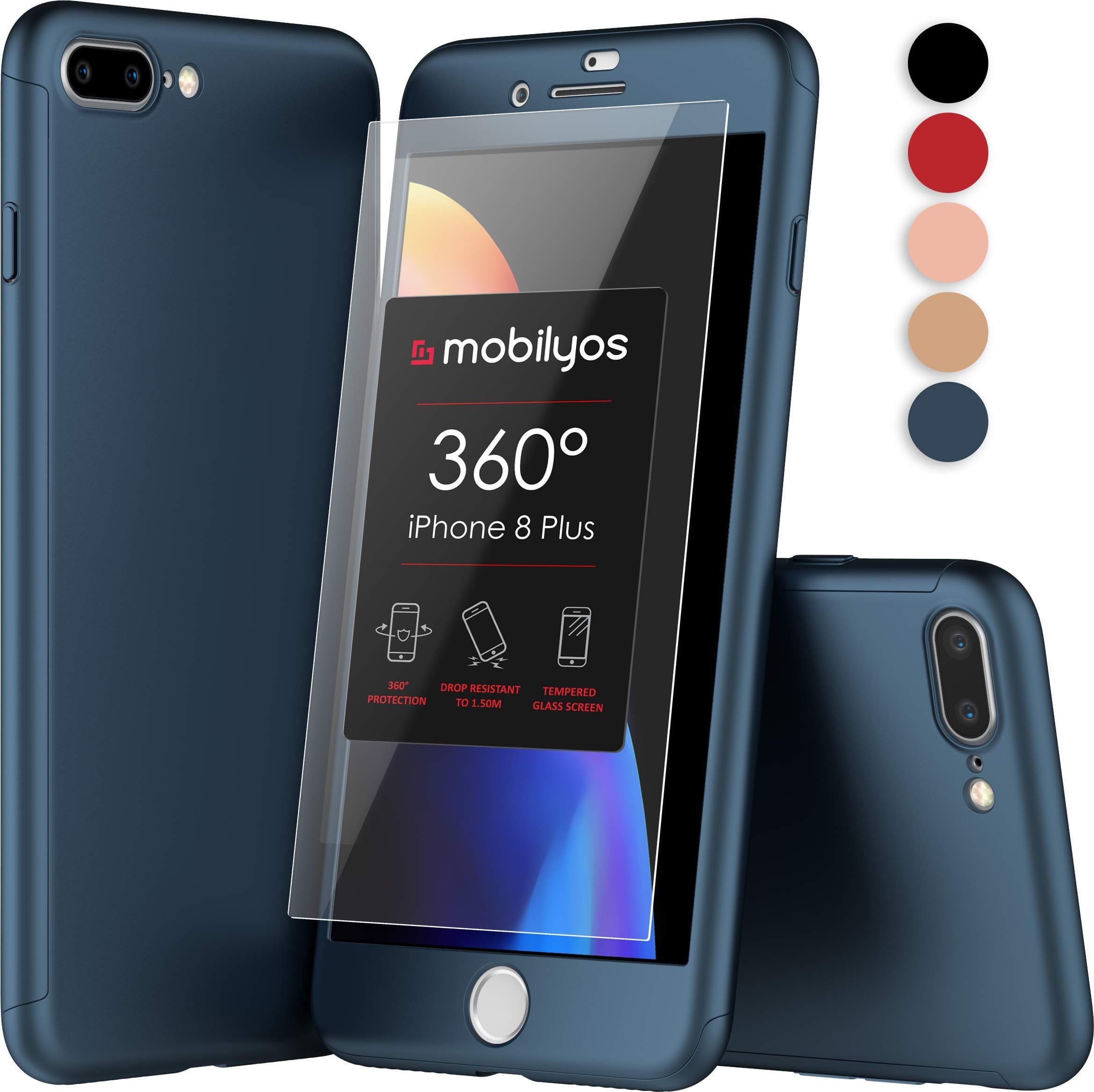 360 iPhone 8 PLUS Case - Ultra-Thin Full Body Protective Cover for iPhone 8 PLUS with Tempered Glass Screen Protector – Hard and Slim Fit Case for Apple iPhone 8 PLUS (Blue)