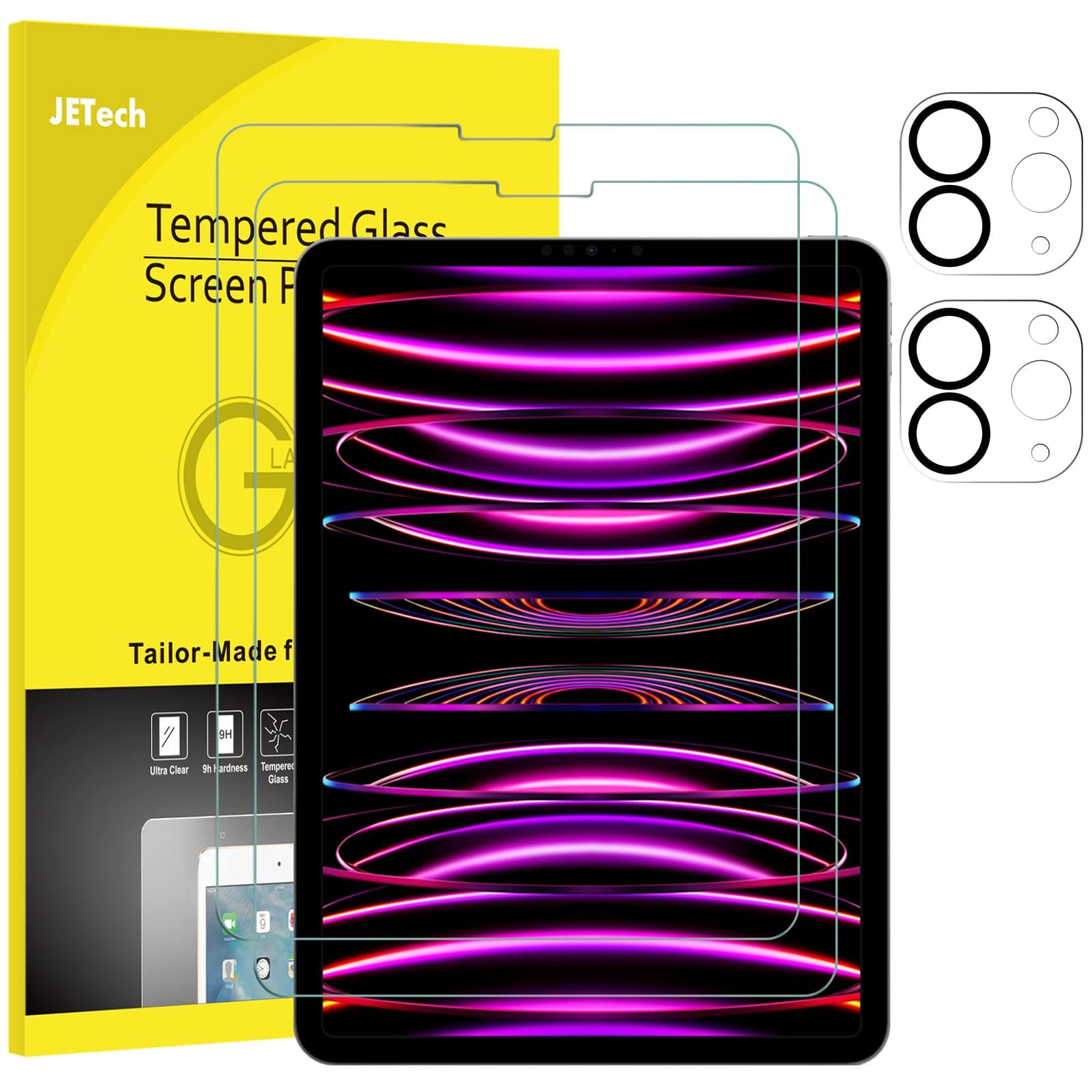 JEDirect iPad Pro 11 Inch (2022/2021/2020 Models, 4th/3/2nd Generation) with Camera Lens Film Tempered Glass Film HD Anti-Scratch Pencil & Face ID Compatible 2+2 Pack