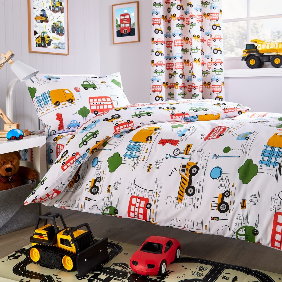 Olivia RoccoBeep Beep Duvet Cover Set Duvet Cover Quilt Fitted Sheet Transport Kids Car Truck Helicopter Reversible Soft Easy Care Quilt Bedding Set With Pillowcase (Cot Bed Duvet Set)