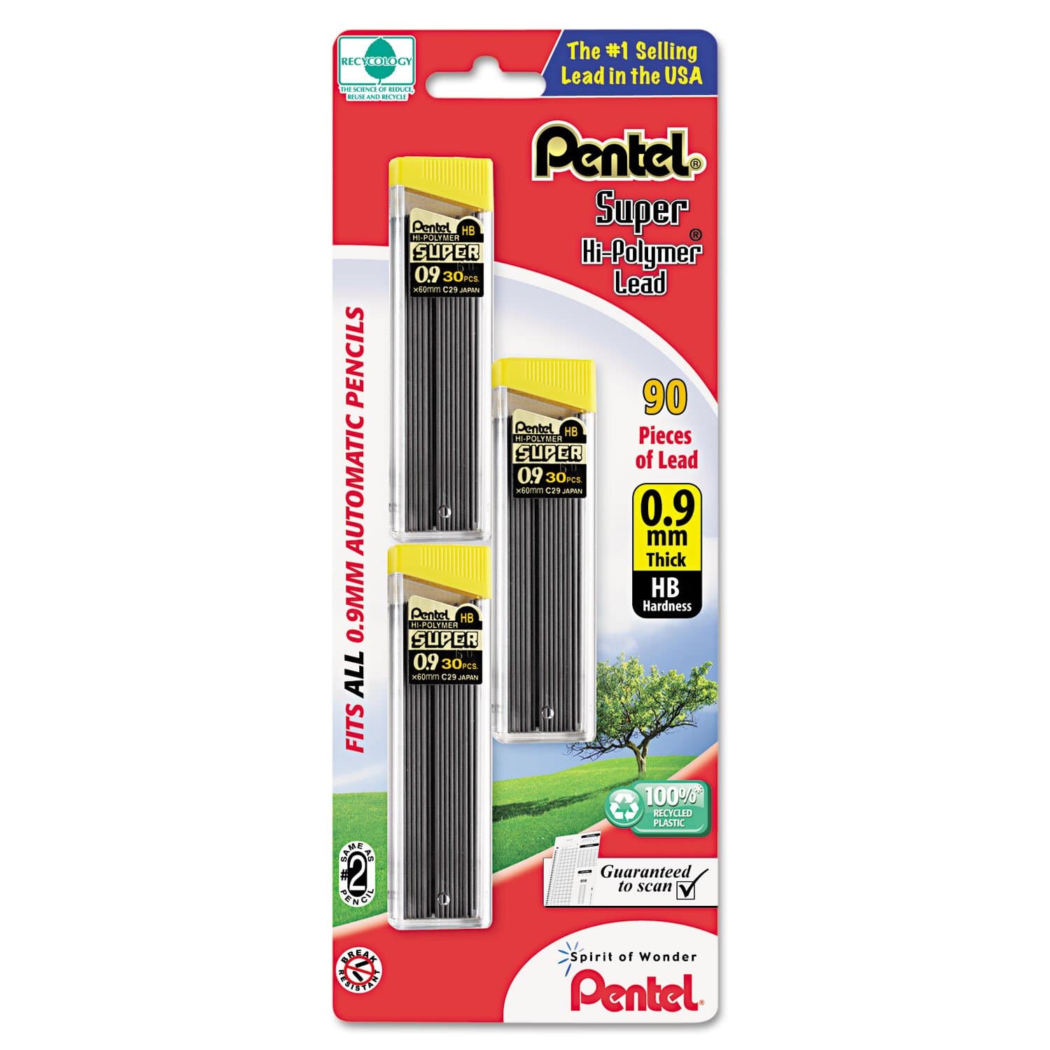 Pentel® Super Hi-Polymer® Leads, 0.9 mm, HB, 30 Leads Per Tube, Pack Of 3 Tubes