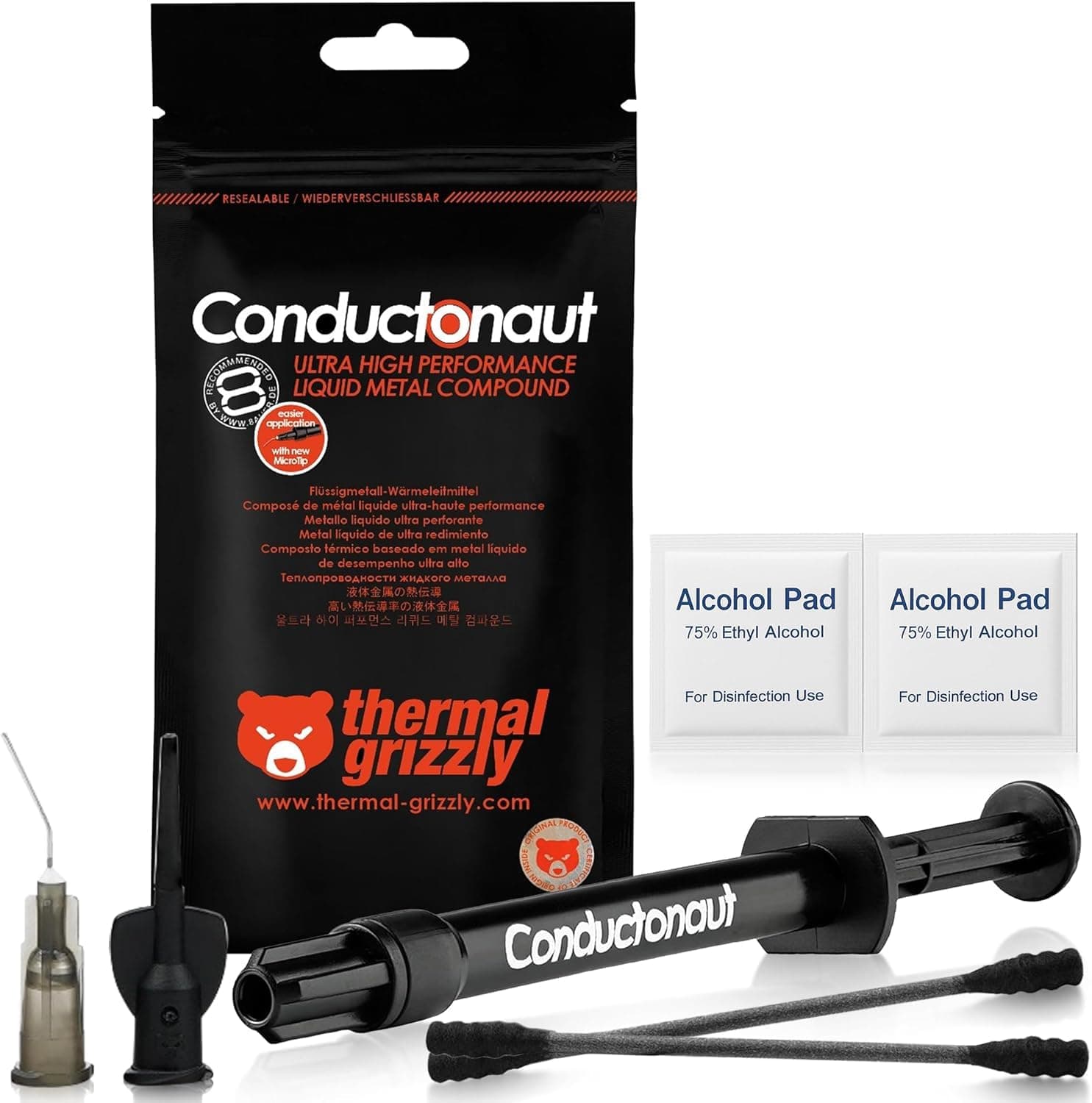 Thermal Grizzly Conductonaut Thermal Grease - 1Gram Set + Extra Applicators - Liquid Metal Thermal Paste for Cooling The CPU, GPU (Conductonaut) (1g Combo)
