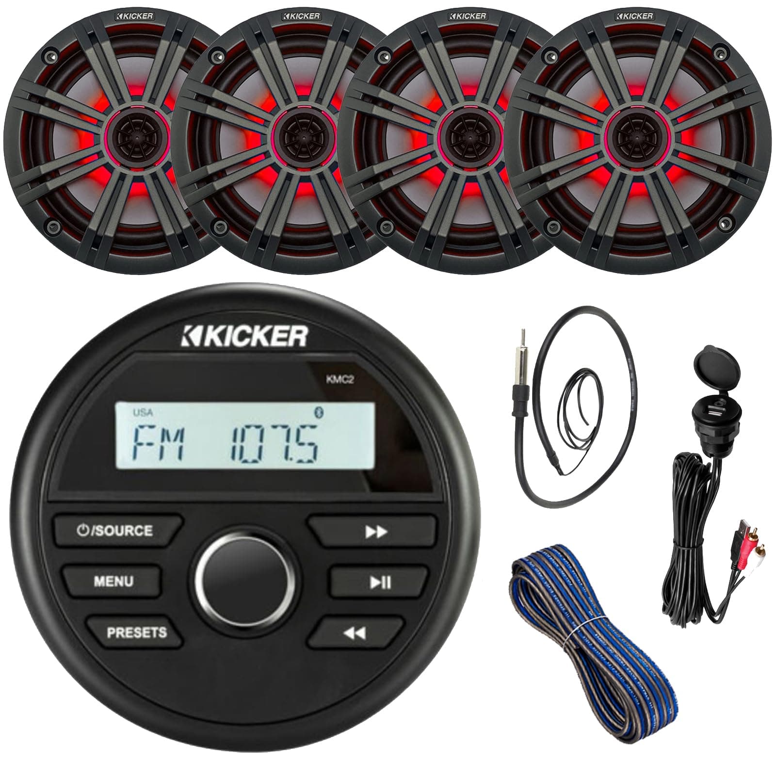16'-25' Bay Boat Kicker Marine System Includes: Marine Gauge Style USB Media Center Receiver with Bluetooth, 4 x 6.5 OEM Replacement LED Speakers, USB/AUX Interface, Speaker Wire, Antenna