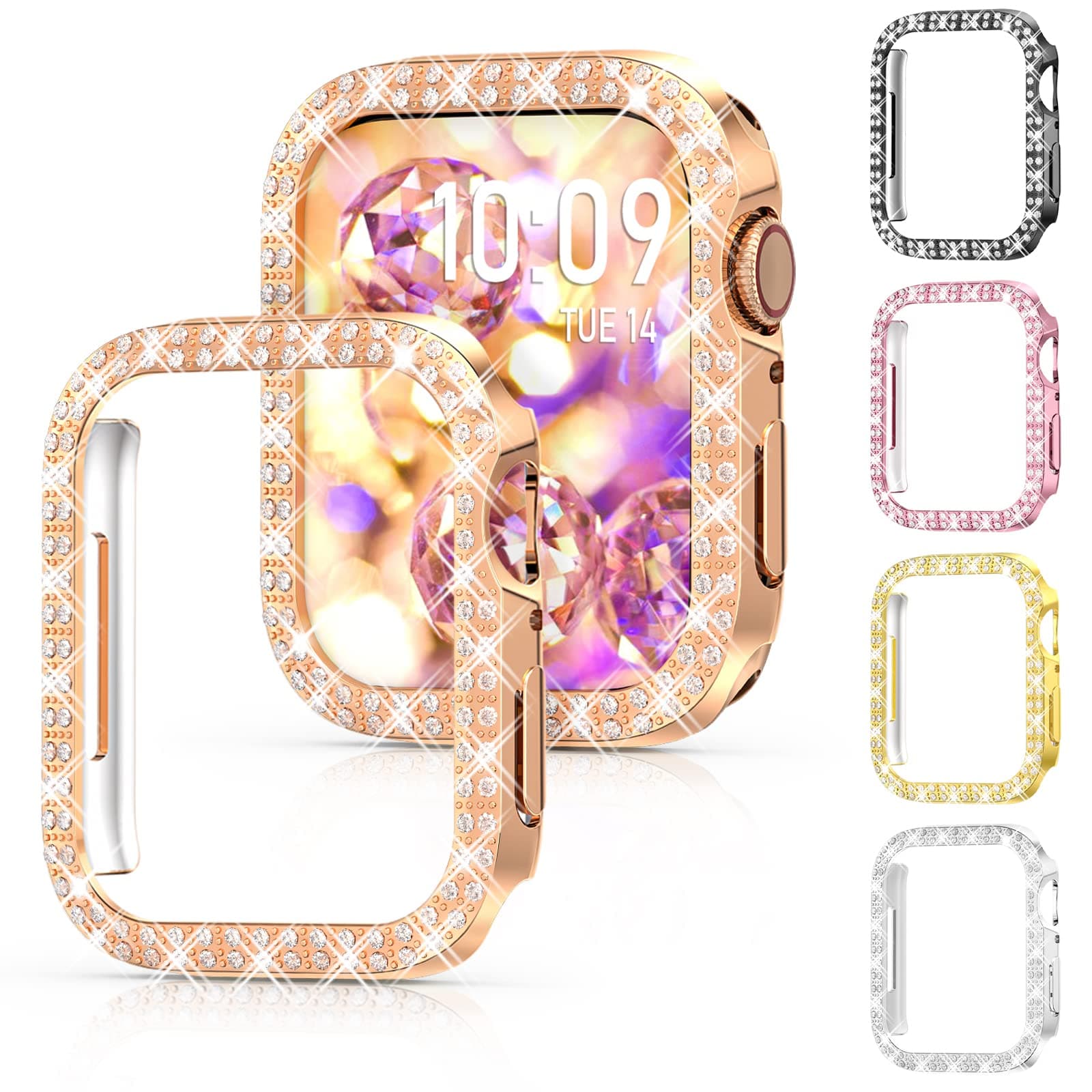 5Pack Protector Case Compatible with Apple Watch Series 8 & 7 41mm Cover, Double Row Bling Crystal Diamonds Protective Cover PC Plated Bumper Frame Accessories (5 Colors, 41mm)