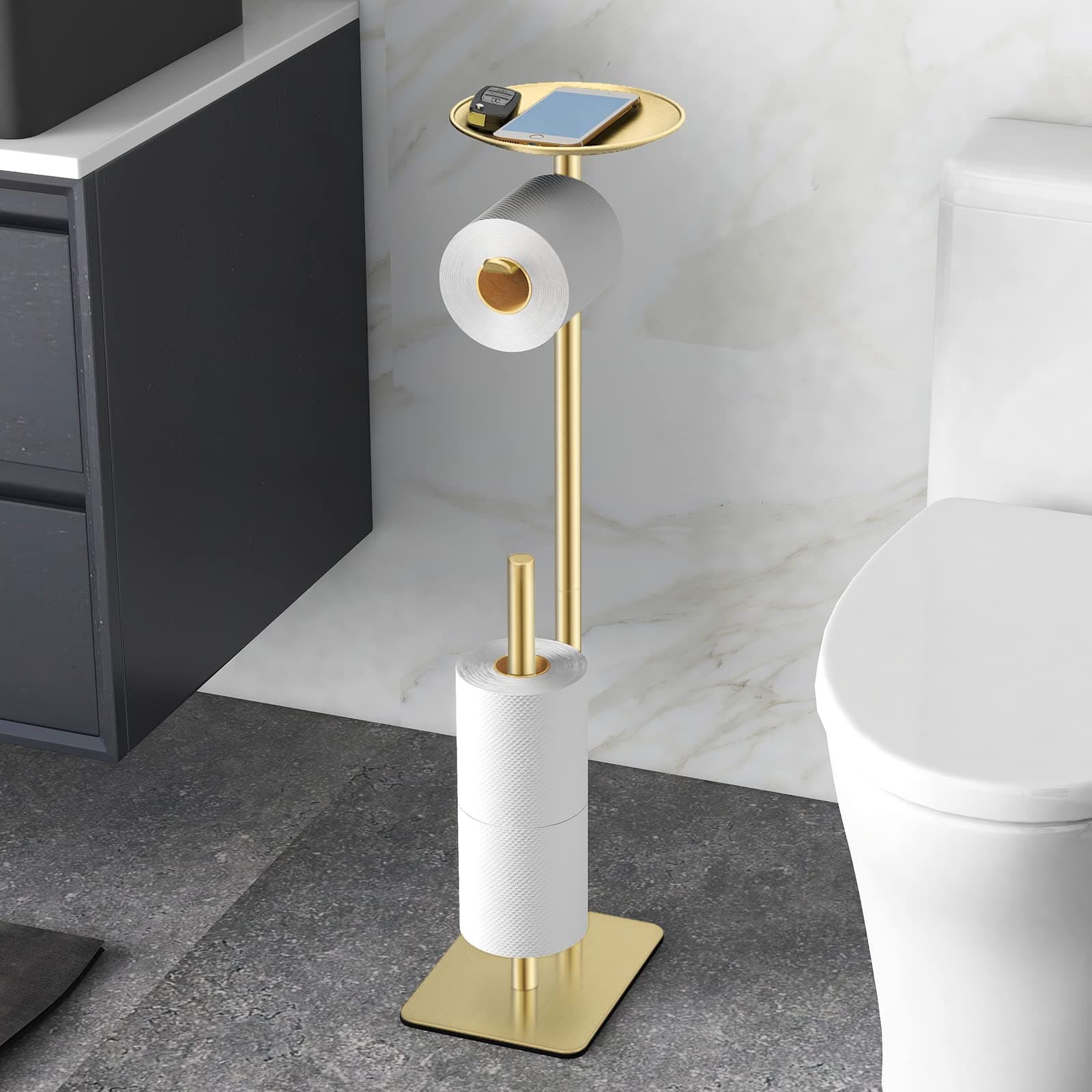 Toilet Paper Holder Stand for Bathroom Floor Standing Toilet Roll Dispenser Storages 4 Reserve Rolls, with Top Storage Shelf for Cell Phones, Wipe, Wallet and More(Gold)