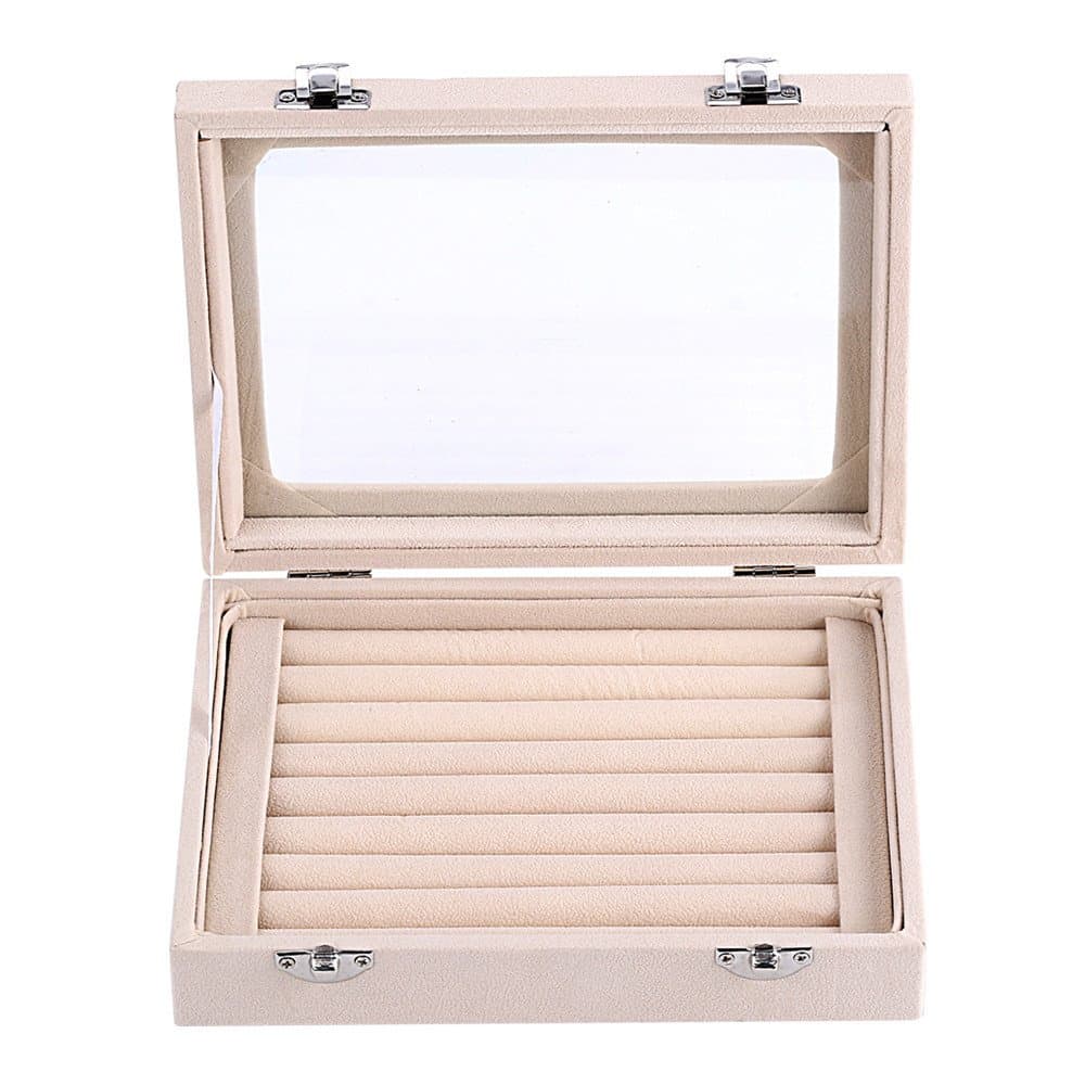 Lantwo Velvet Glass Jewelry Display Stand Storage Box Ring Earrings Jewelry Box Ring Holder Case, 2 Locks