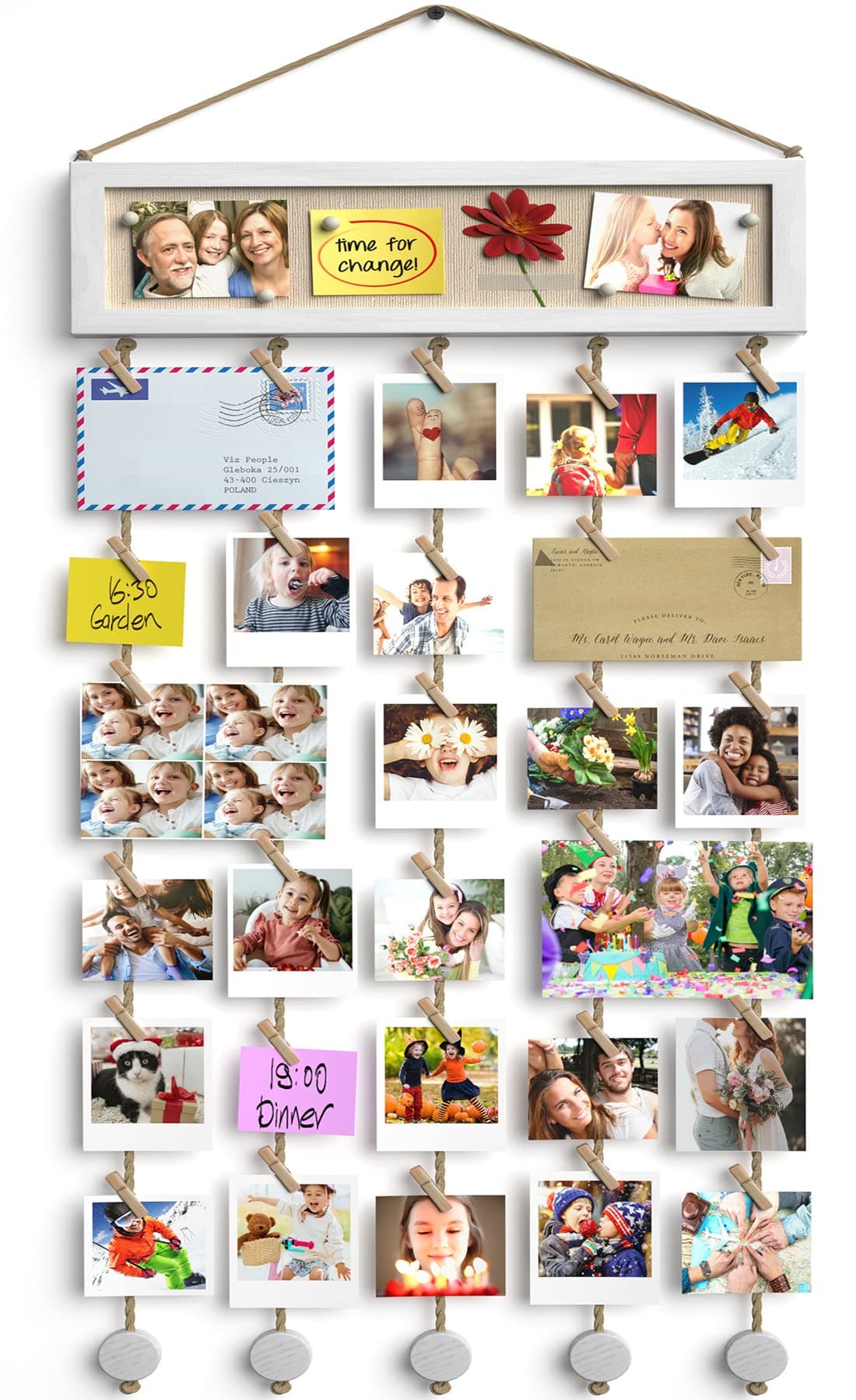 Bikoney Collage Picture Frame Hanging Photo Display Multi Pictures Organizer with Wood Bulletin Board Photo Board 30 Clips and 6 Pushpins for Room Wall Decor (White)
