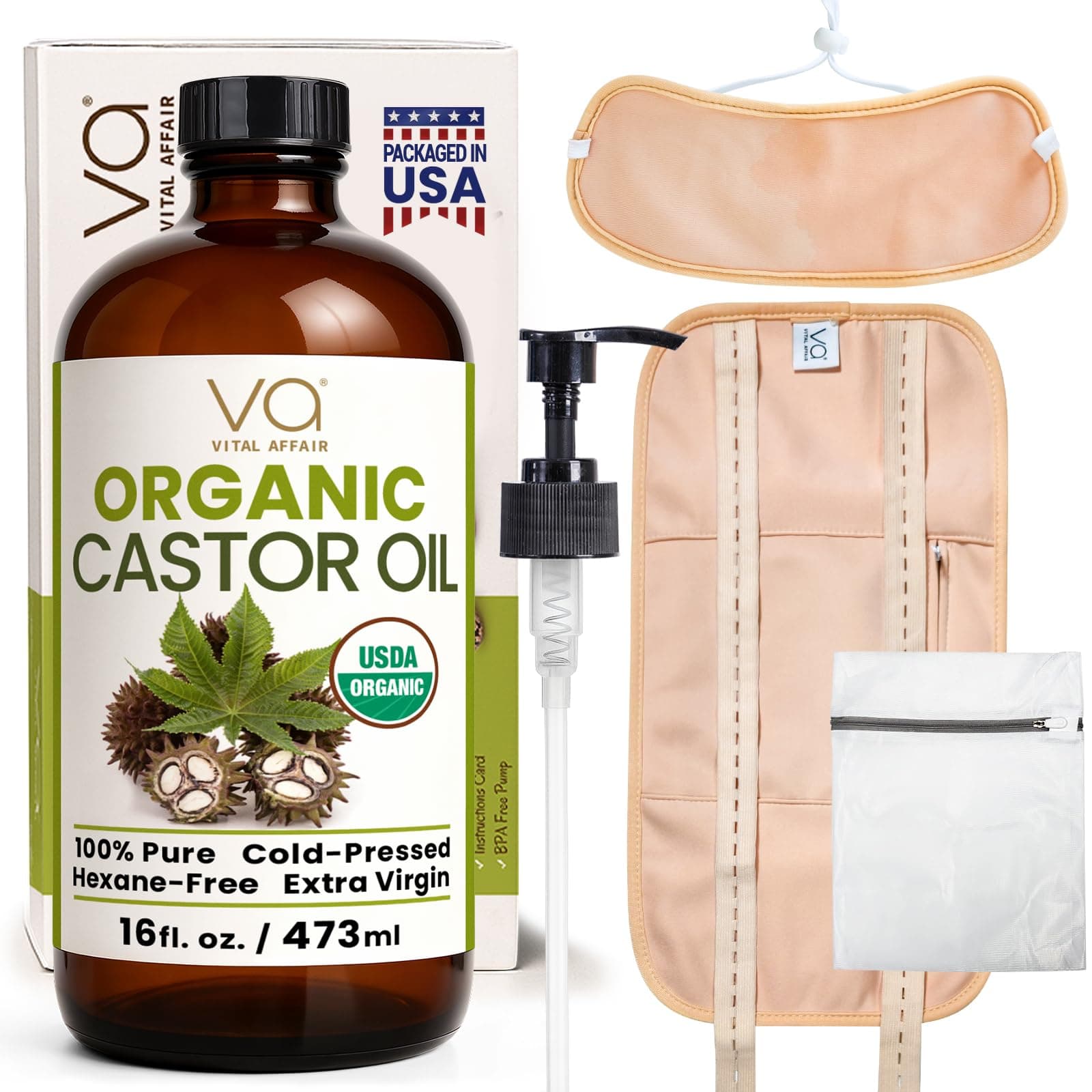Castor Oil Pack Wrap Kit – USDA Organic, 16 oz Cold-Pressed Hexane-Free Castor Oil in Glass Bottle | Adjustable Cotton Flannel Waist & Neck Wraps | Made in USA | Liver, Abdominal & Detox Therapy