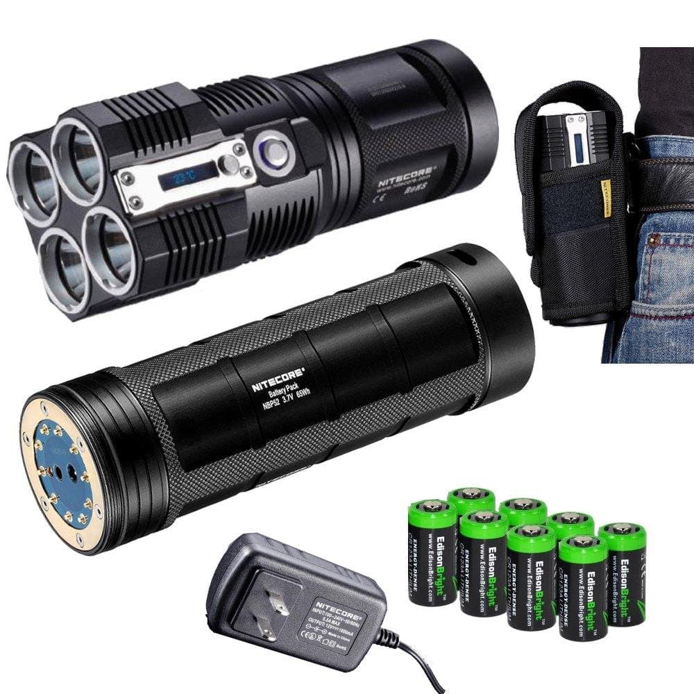 Nitecore Tiny Monster TM26 QuadRay 3500 Lumen Quad CREE XM-L LED Flashlight/Searchlight NBP52 Rechargeable Battery Pack and 8 X EdisonBright CR123A Lithium Batteries Package