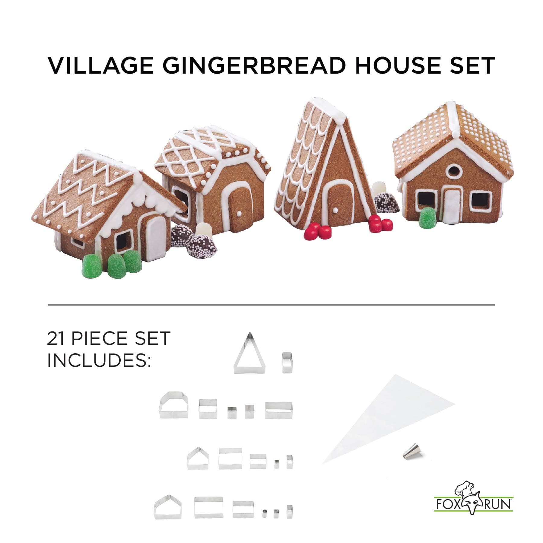 Fox Run Christmas Village Gingerbread House Cookie Cutter Set, 22 Piece, Stainless Steel,48750