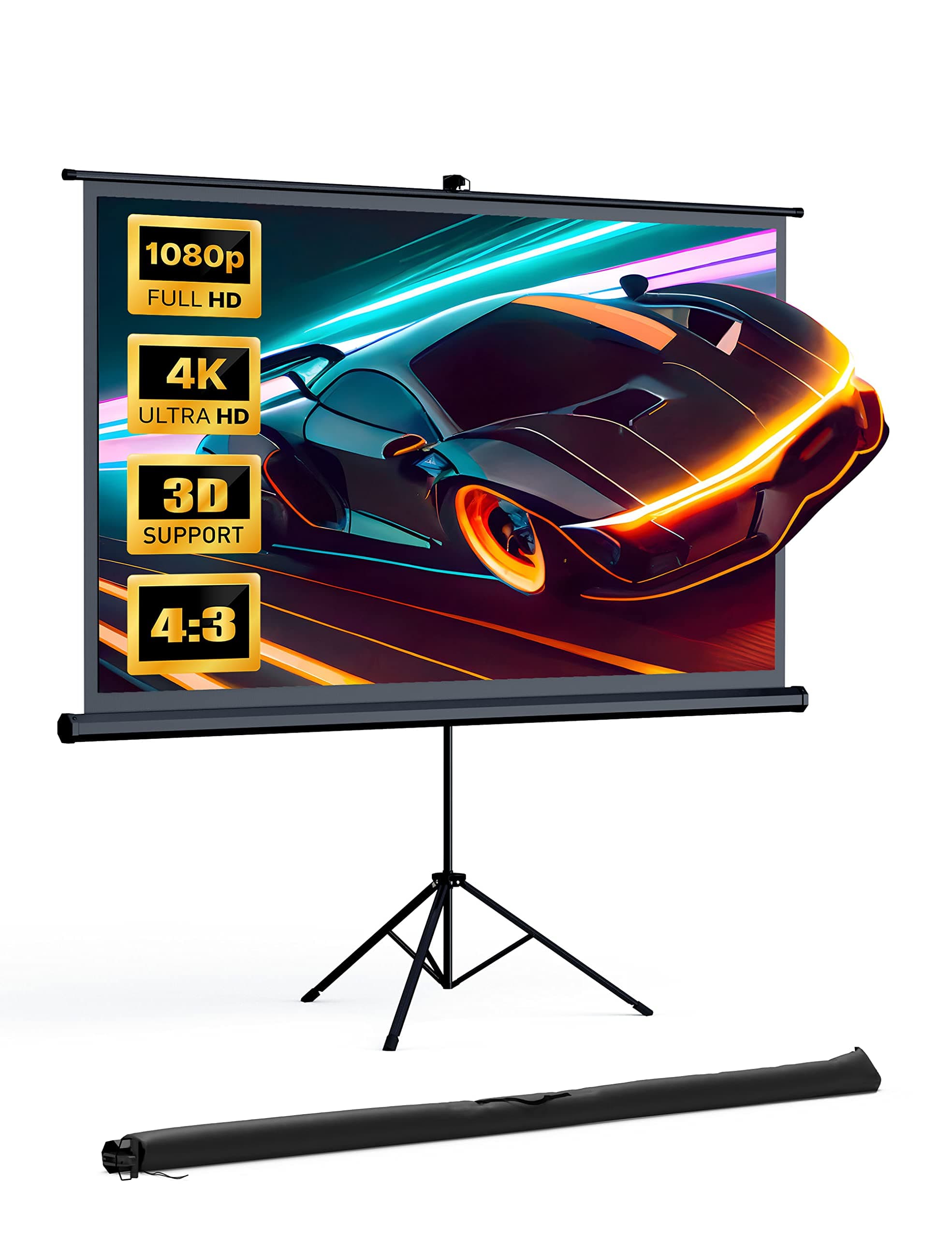 Projector Screen with Stand, HYZ 120 inch Projector Screen 4K HD with Wrinkle-Free Design, Indoor Outdoor for Backyard Movie Night, Office Presentation(1.1Gain, 4:3, 160°Viewing Angle&Carry Bag)
