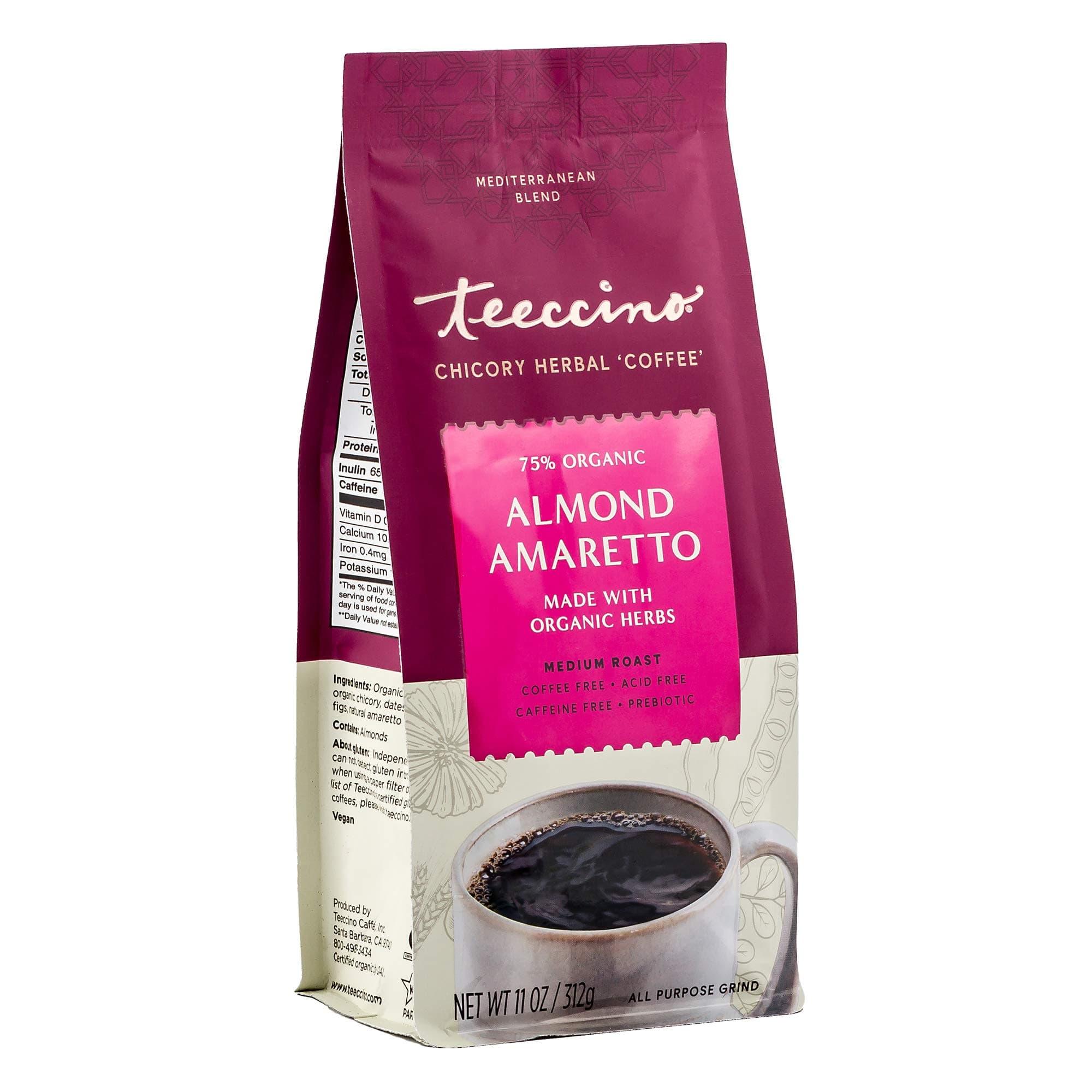Almond Amaretto Chicory Coffee Alternative - 11 Ounce - Ground Herbal Coffee That’s Prebiotic, Caffeine Free & Acid Free, Medium Roast