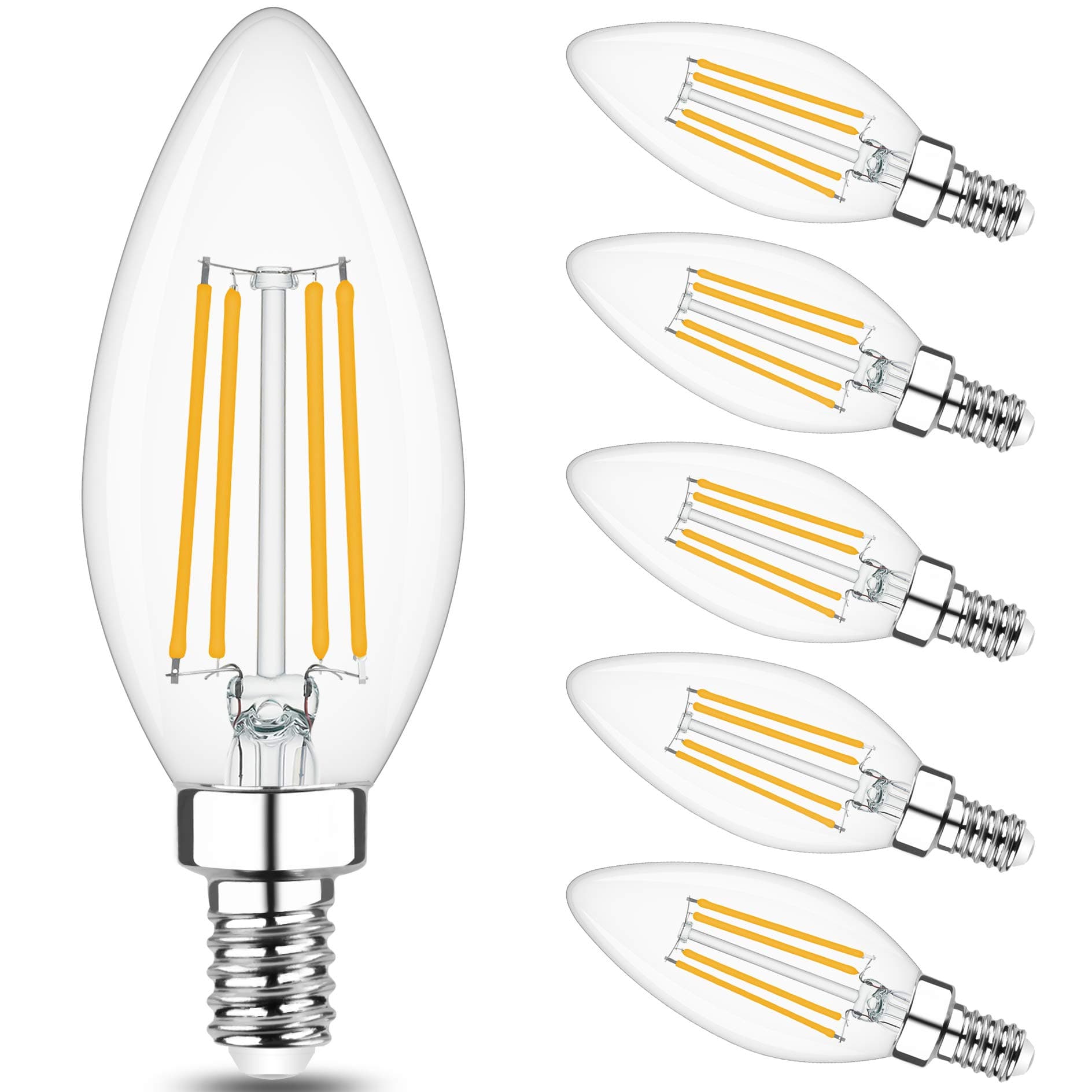 Cotanic Dimmable Candelabra LED Bulb 2700K Warm White,E12 Base Ceiling Fan Light Bulb 60W Equivalent, Type B Light Bulb with Candle Shape,C35 Filament Chandelier Light Bulb Clear Glass,600LM,6 Pack