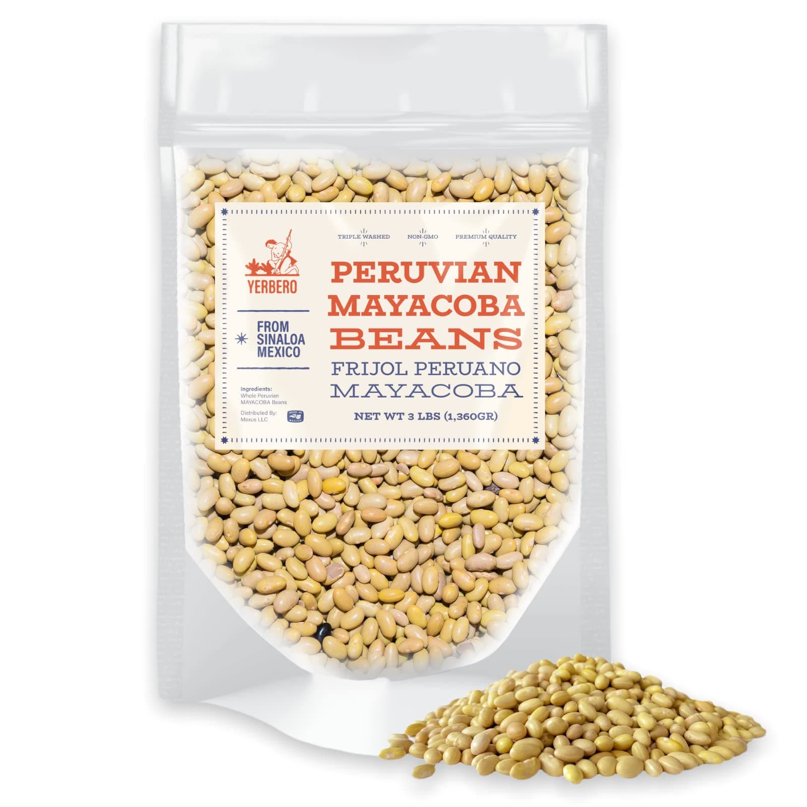 Yerbero - Frijol Peruano Mayocoba (Canary) Beans 3 LB Bag (1,360gr) - Mayo Coba Peruvian Beans, All Natural, Triple Washed, Premium Quality From Sinaloa Mexico.
