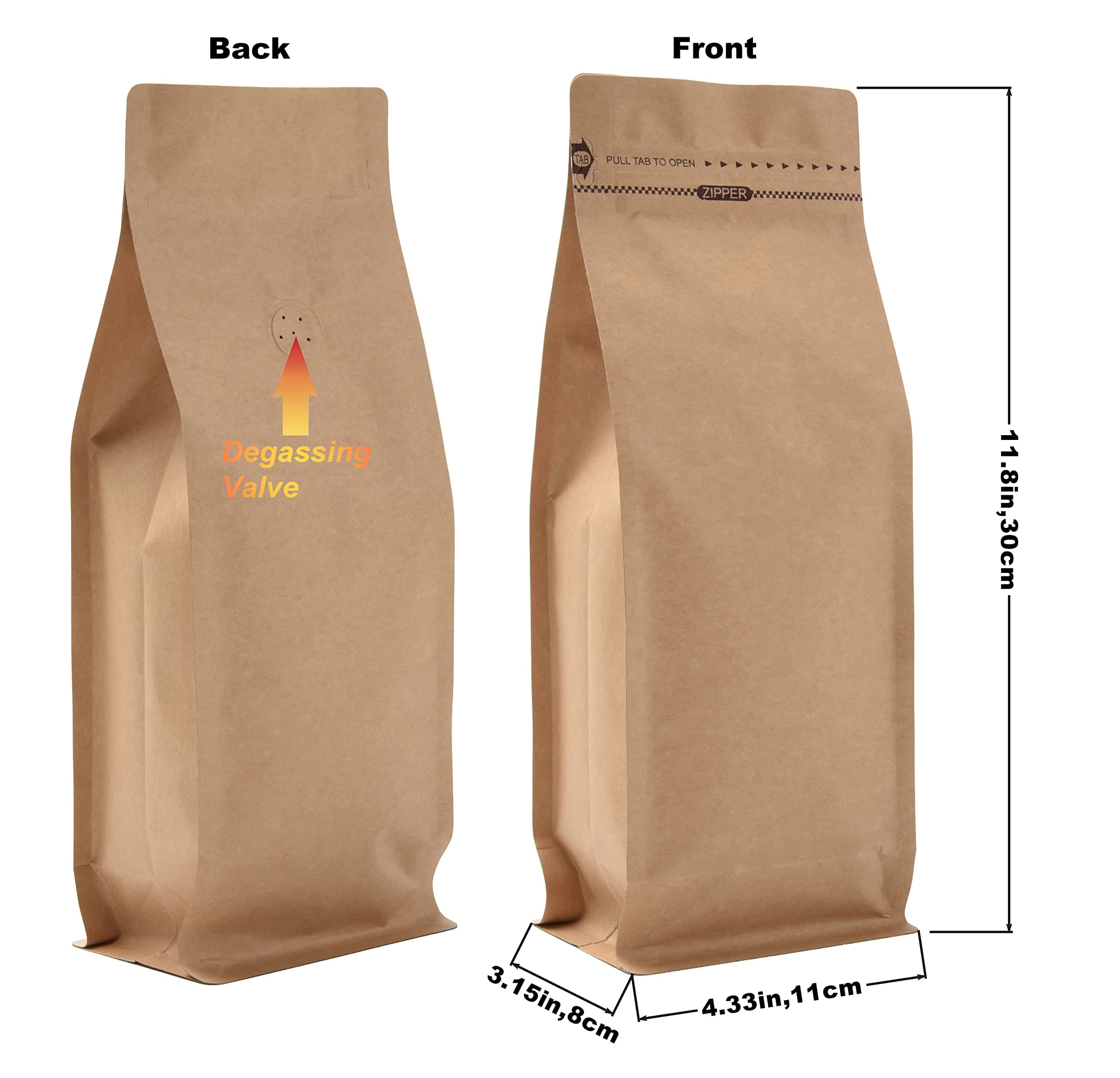 Pack of 50 Kraft Paper Coffee Bag with One-Way Degassing Valve, Stand-up Resealable Zipper Lock, High Barrier Side Gusset Coffee Package Bags, Size 4.33 x 3.15 x 11.8" for 16oz/1lb/500g