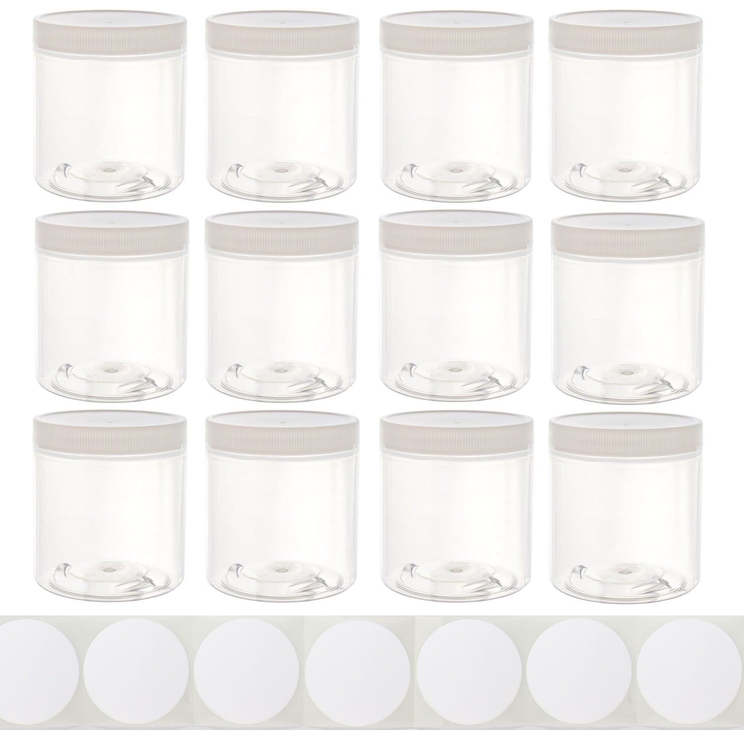 8oz Plastic Wide-Mouth Storage Jars (12 pack) - Large straight-sided clear empty refillable food-grade BPA-free PET containers with white screw-on lids - 70mm 70-400 70/400 Made in the USA