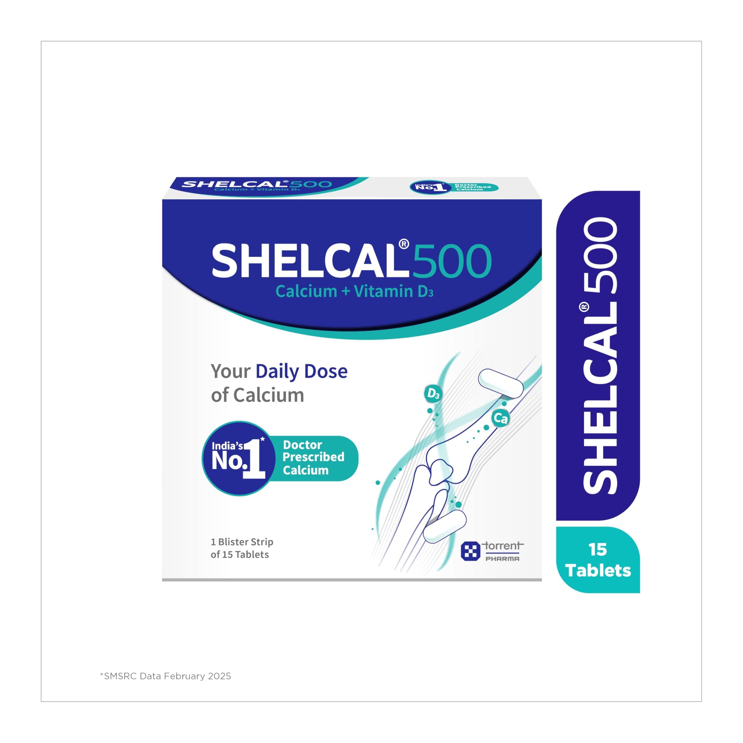 Shelcal 500 Calcium Tablets With Vitamin D3 For Healthy And Strong Bone, Joint & Muscles India's No.1 Doctor's Prescribed Calcium Supplement - 75 Tablets (15 Tablets X Pack Of 5)