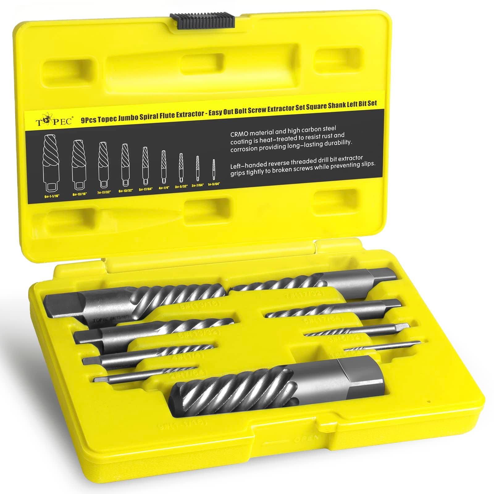 Topec 9 Piece Jumbo Spiral Flute Extractor -Easy Out Bolt Screw Extractor Set Square Shank Reverse Bit Set for Removing Broken Screws, Bolts, and Studs with Reverse Drill Bit Extractor Set