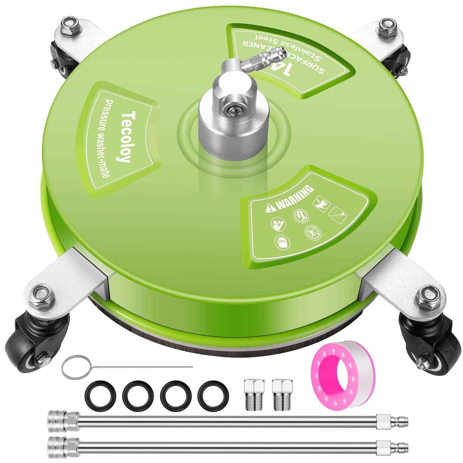 14" Pressure Washer Surface Cleaner with 4 Wheels-Stainless Steel Power Washer Accessories for Concrete Driveways Sidewalks Patios Cleaning Green