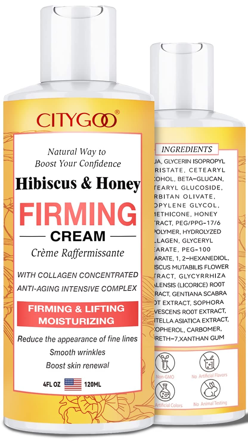 CITYGOO Hibiscus & Honey Firming Cream - Neck & Skin Tightening Lotion with Collagen & Hyaluronic Acid - 4 FL OZ