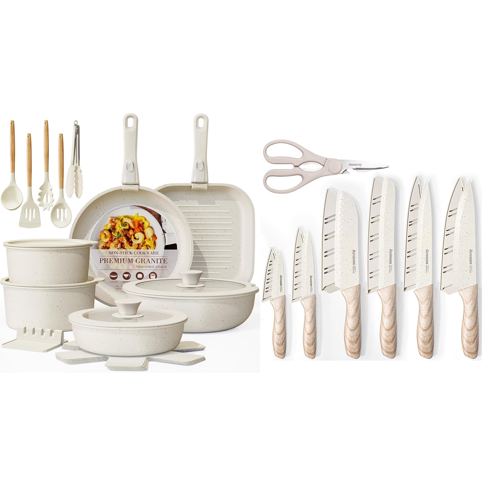 Astercook 23 Pcs Pots and Pans Set Non Stick with 13 Pieces Kitchen Knives Set