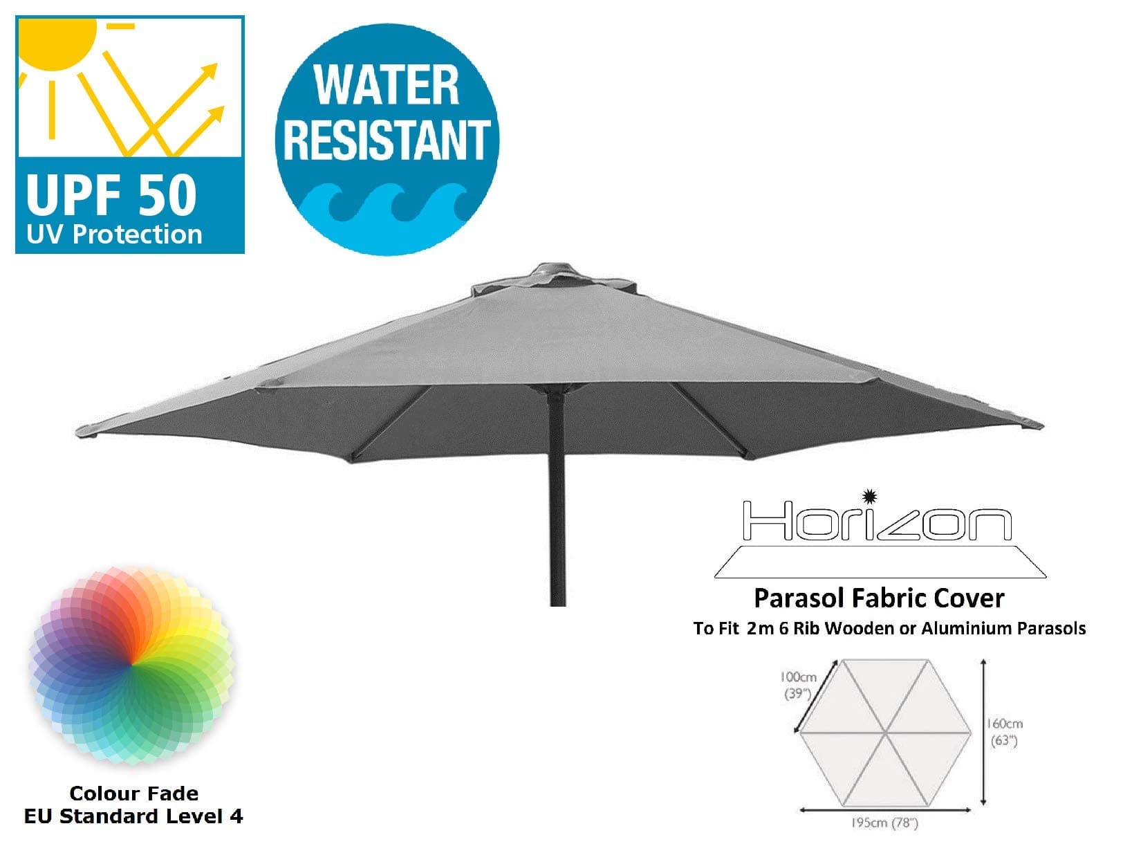 HORIZON 2M REPLACEMENT PREMIUM PARASOL FABRIC COVER 6-ARMS 210G (Grey)