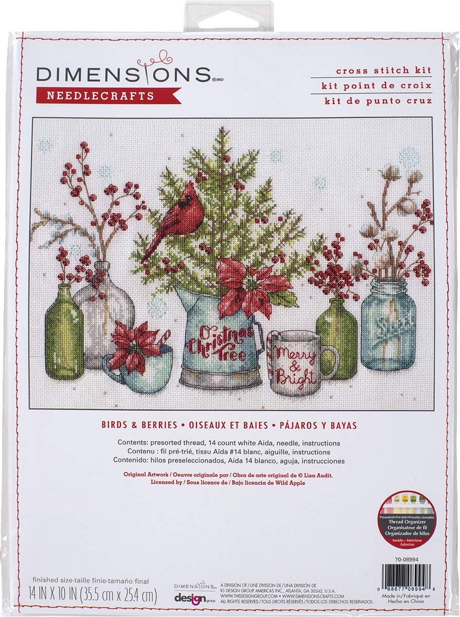 Dimensions 70-08994 Birds and Berries Embroidery Christmas Cross Stitch Kit, 14" x 10", 14 Count White Aida, Various