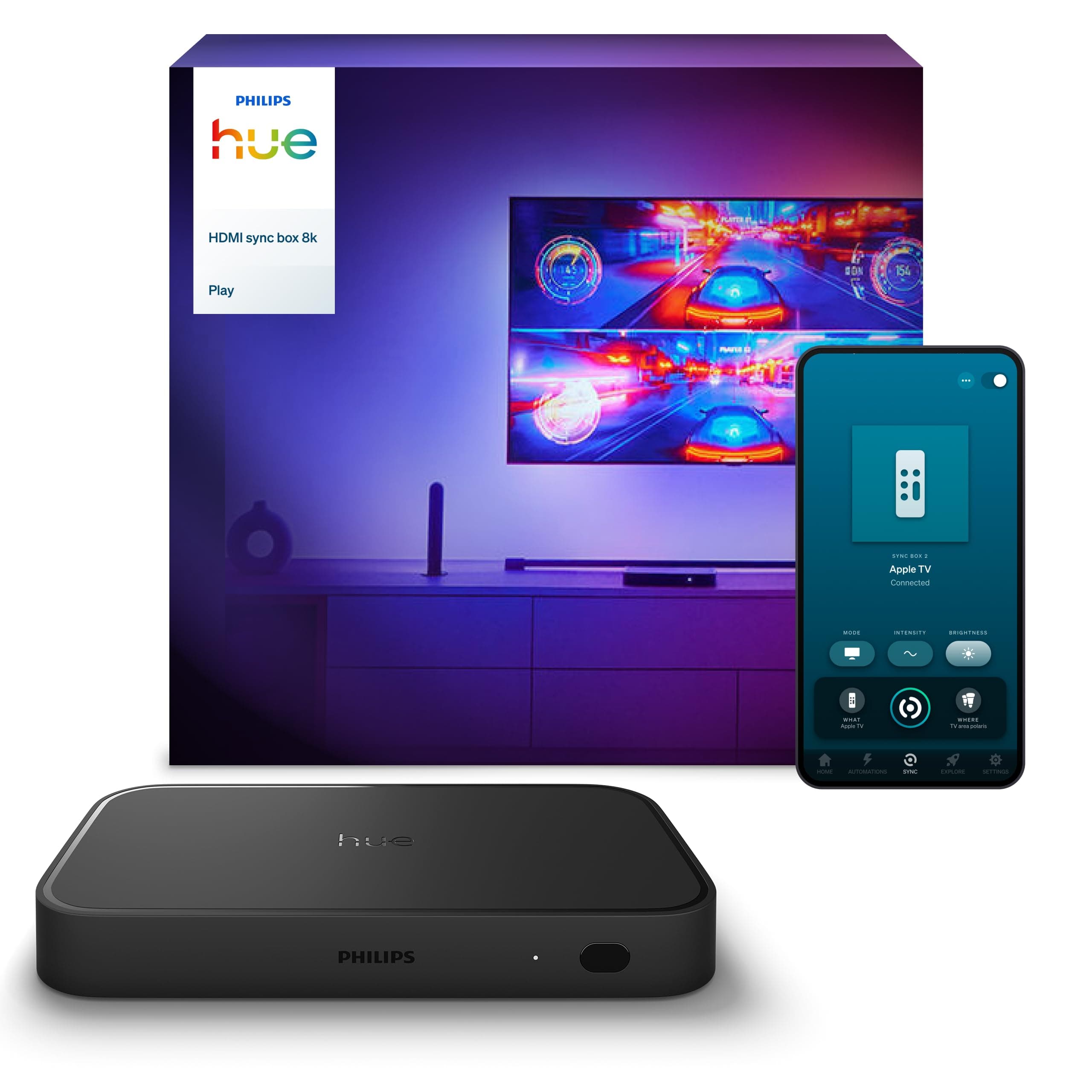 Philips Hue Play HDMI Sync Box 8K, LED Lighting Control and Sync with Adjustable Intensity, Remote Lights Control Box, Connect Up To 4 Devices at Once