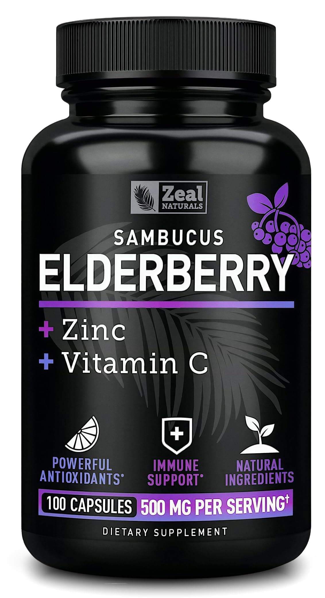 Zeal Naturals Max Strength Elderberry Capsules - 500mg, 100 Capsules | Sambucus Black Elderberry, Vitamin C, and Zinc | 3-in-1 Immune Support Supplement for Adults
