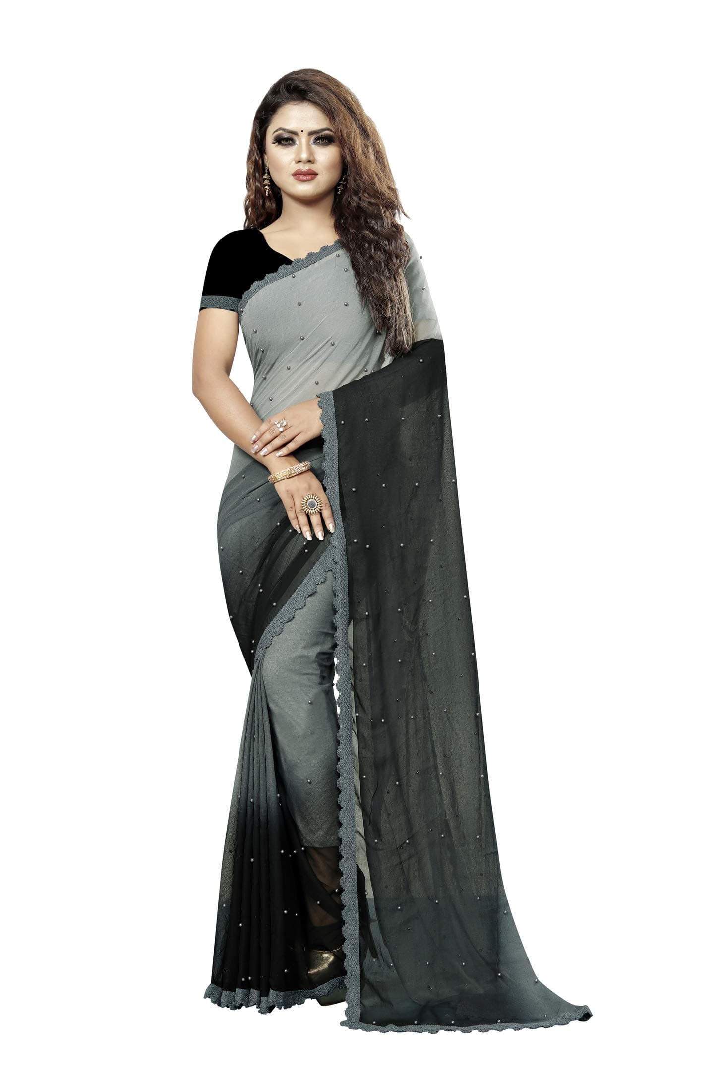 Fashion Day Double Shaded Printed Georgette Saree with Unstitched Blouse Piece for Women Fashion | Fancy Lace Border | Moti Pearl Work