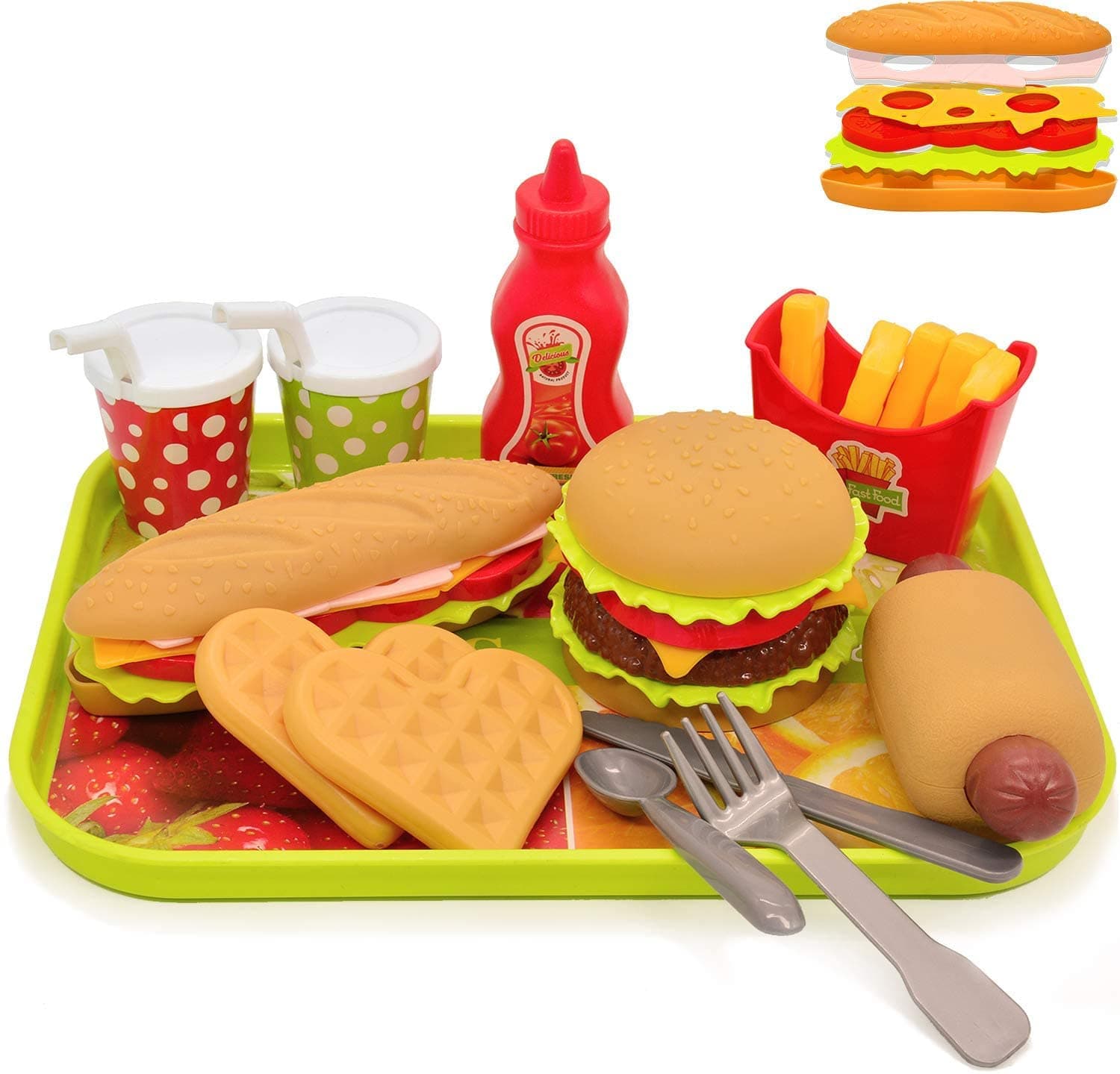 Kidwala Fast Food Playset with Plastic Food Toy Play Burger and Hot Dog Plastic Food for Pretend Play Set for Kids Toys