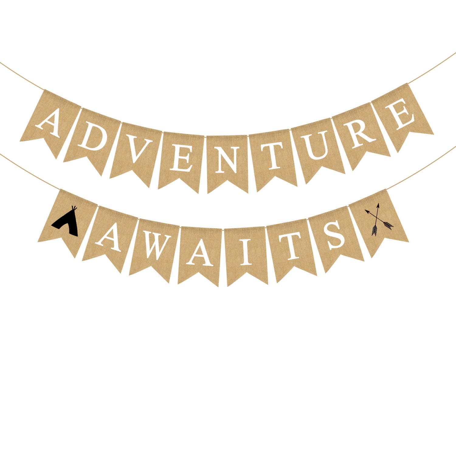 Jute Burlap Adventure Awaits Banner Decoration - Graduation Party, Retirement Party, Bon Voyage, Baby Shower